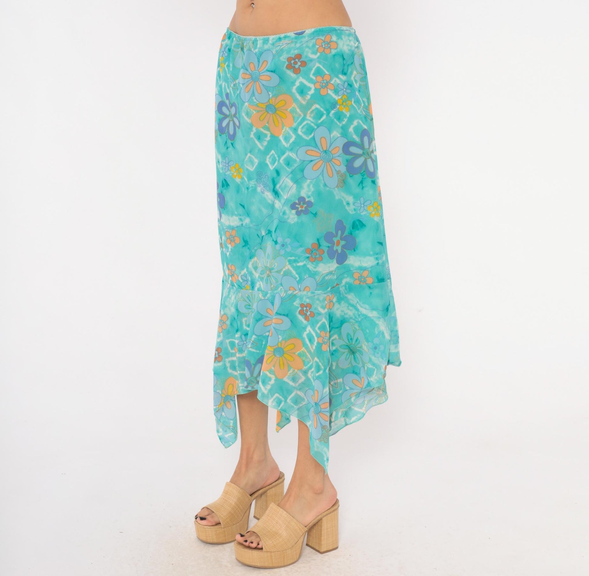 Y2K Millenium Psychedelic Handkerchief Midi Skirt Turquoise Floral Extra Large XXL