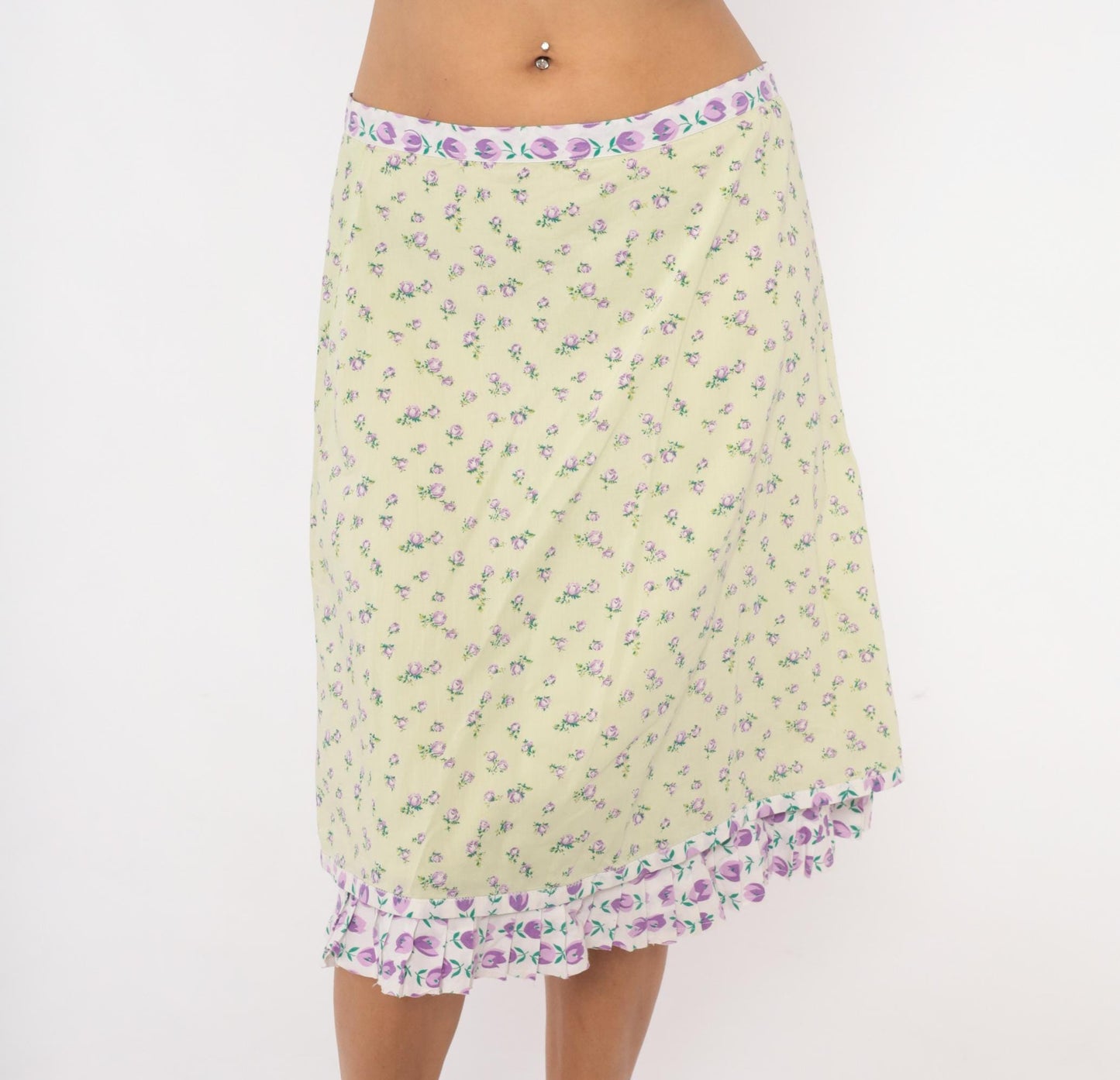 2000s Snak Floral A-Line Skirt Pale Green Purple Rose Print Knee-Length Medium M