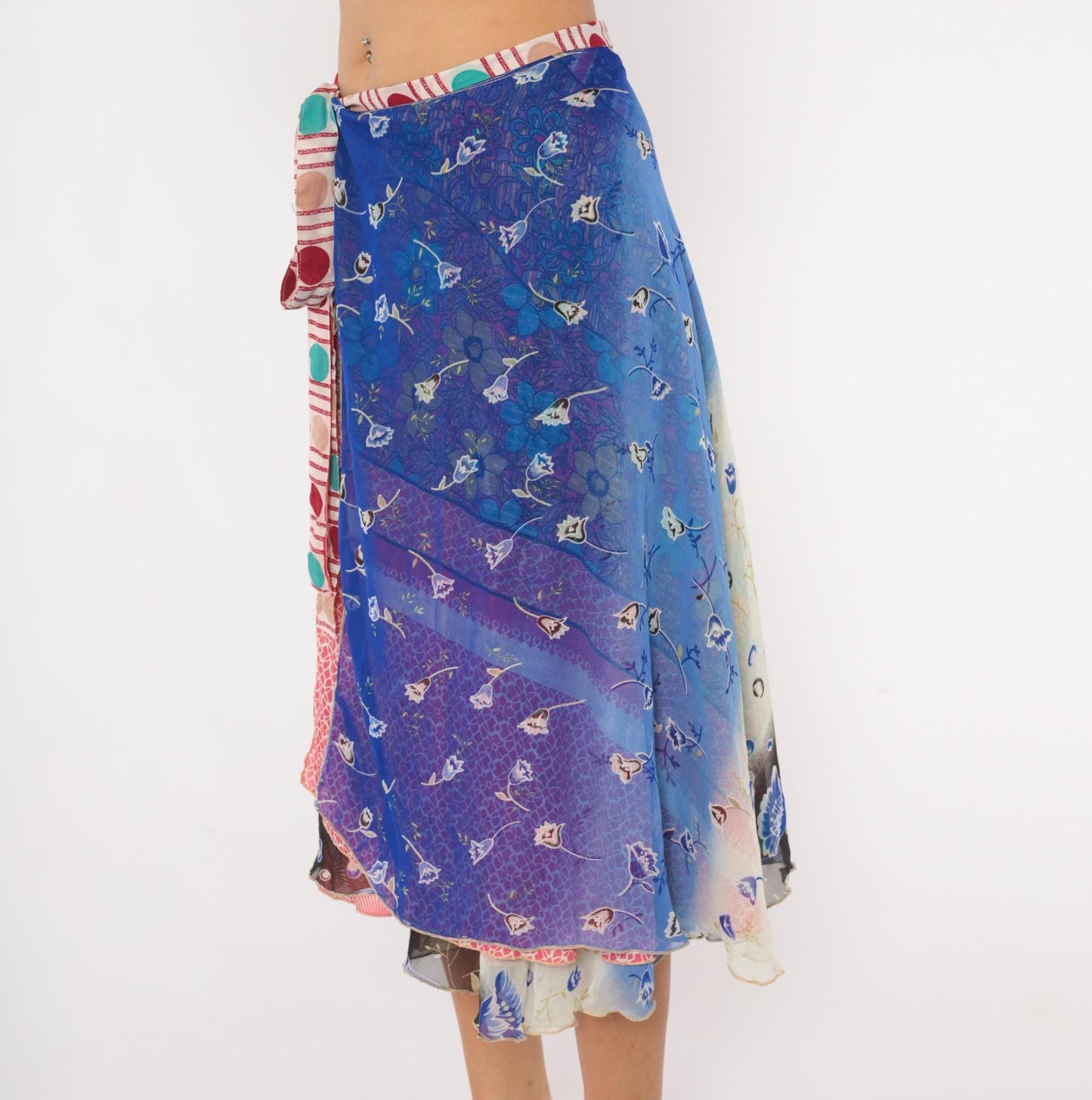 Y2K Kariza Reversible Wrap Midi Skirt Floral Patchwork Blue Pink Medium Large
