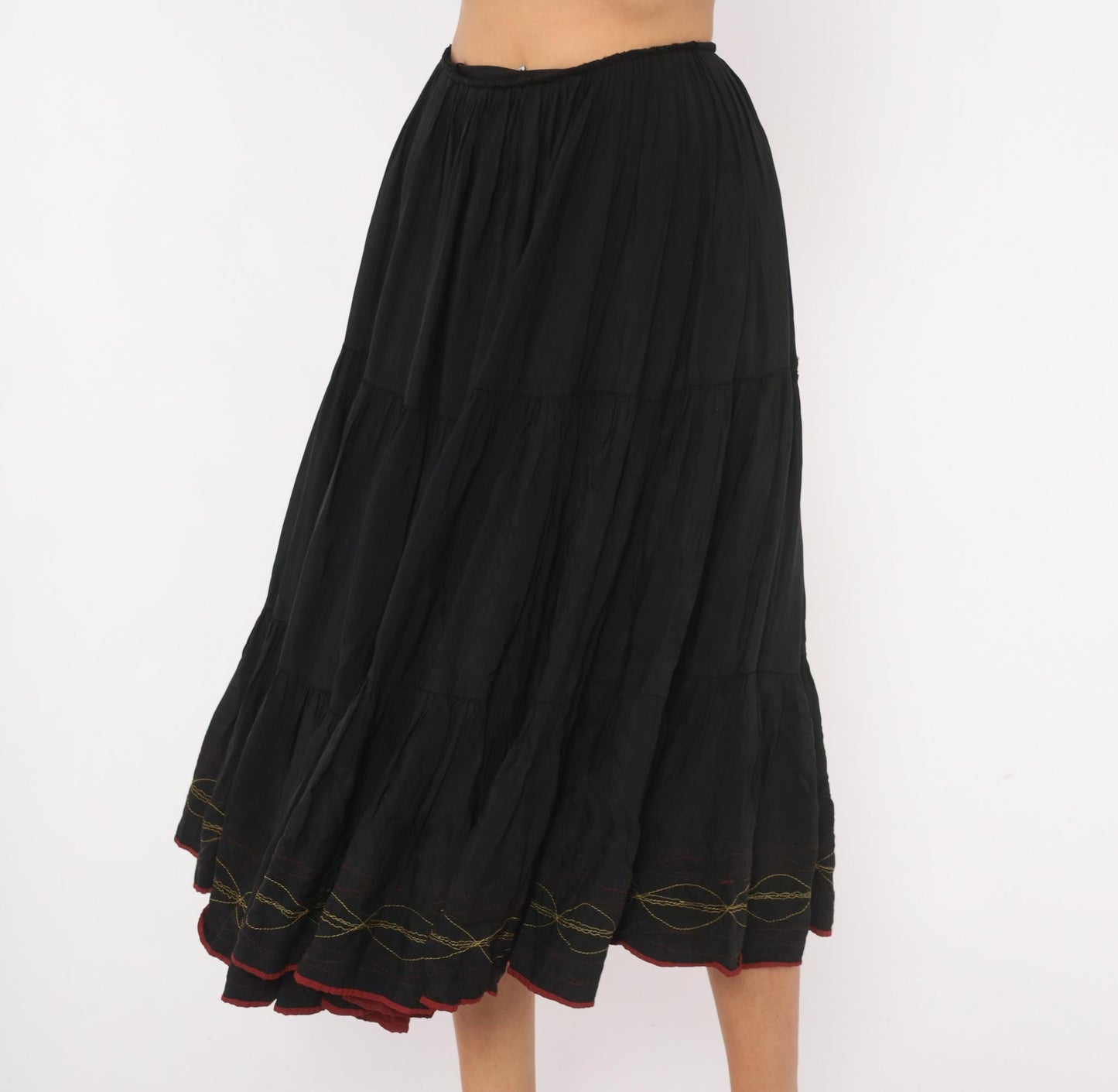 60s Black Tiered Midi Skirt Gold Embroidered Gathered Waist Acetate Extra Small XS