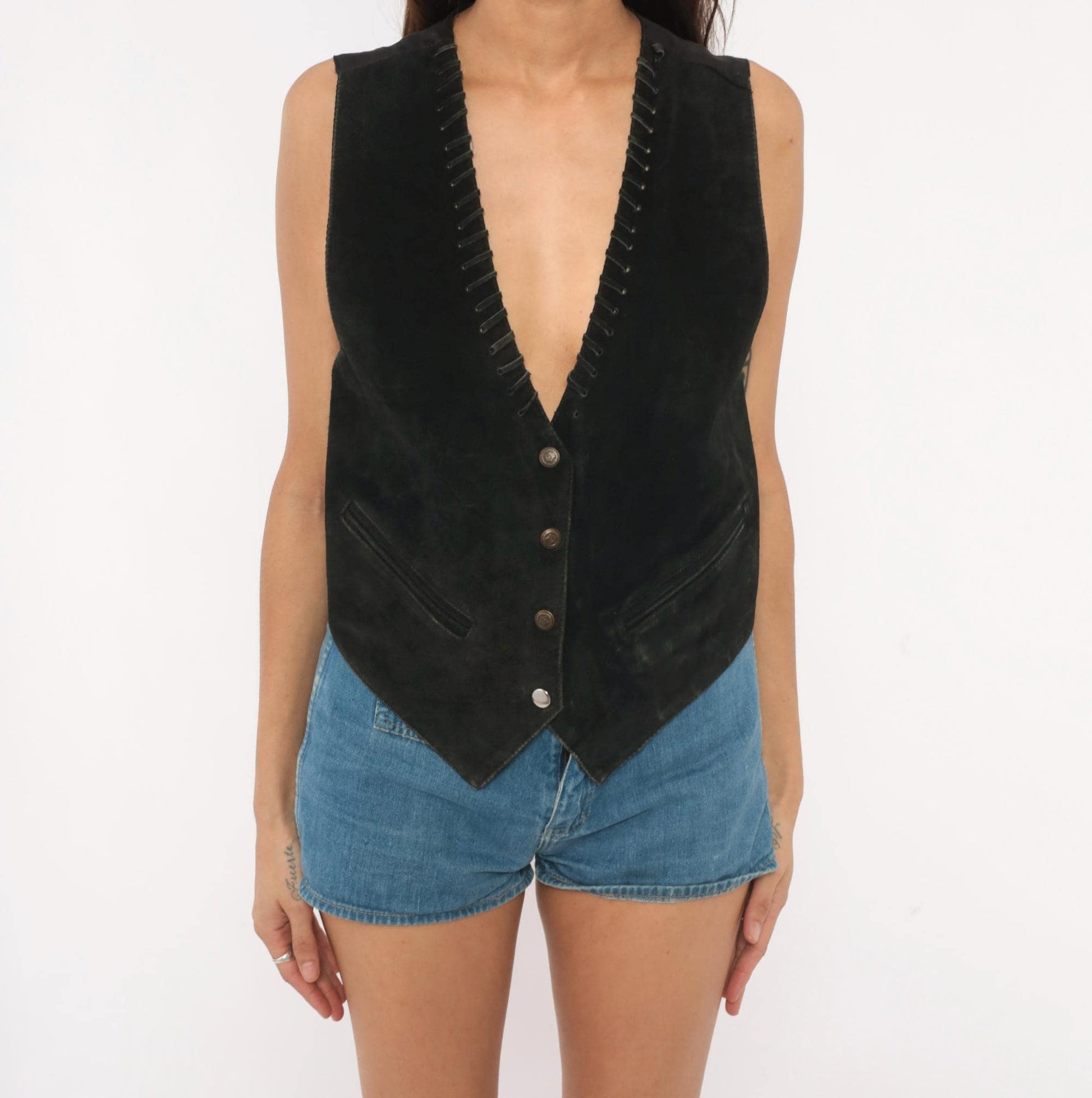 90s Black Suede Vest Whipstitch Snap Front Western Small S