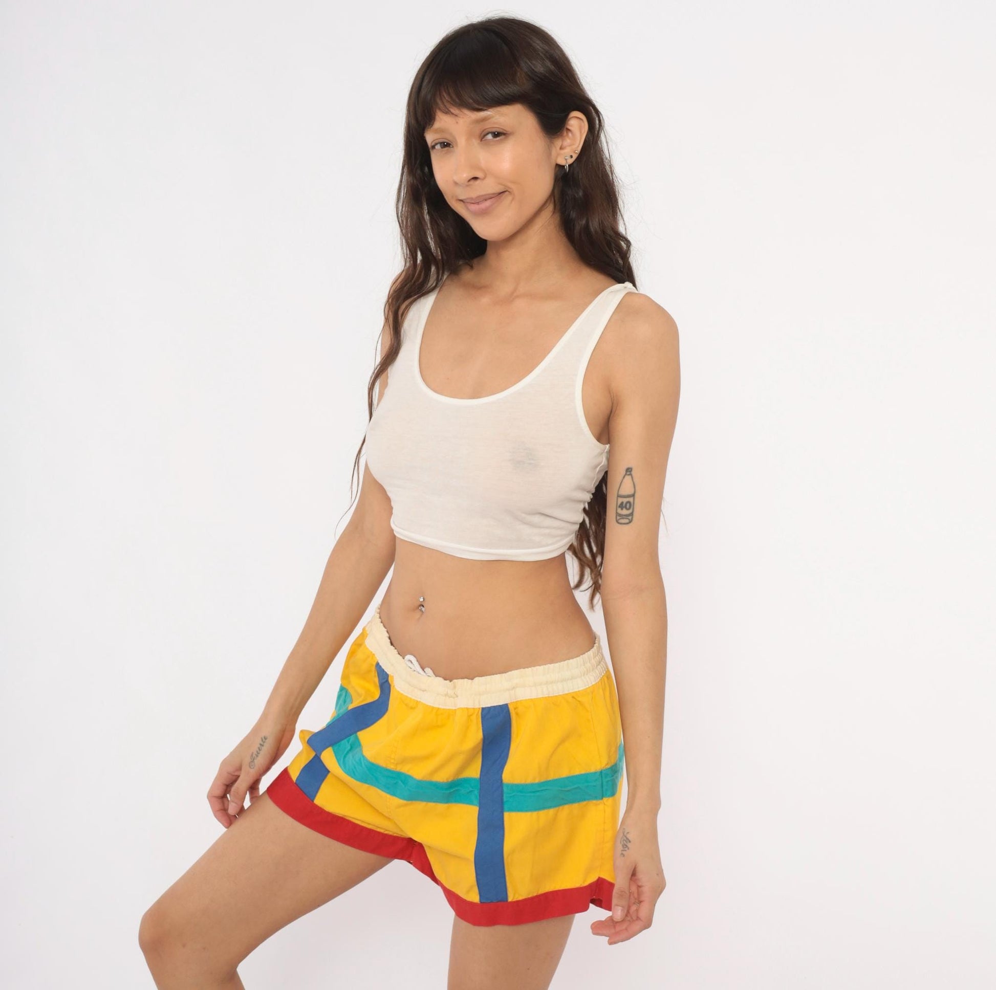 80s Freestyle Color Block Swim Shorts Yellow Teal Blue Large L