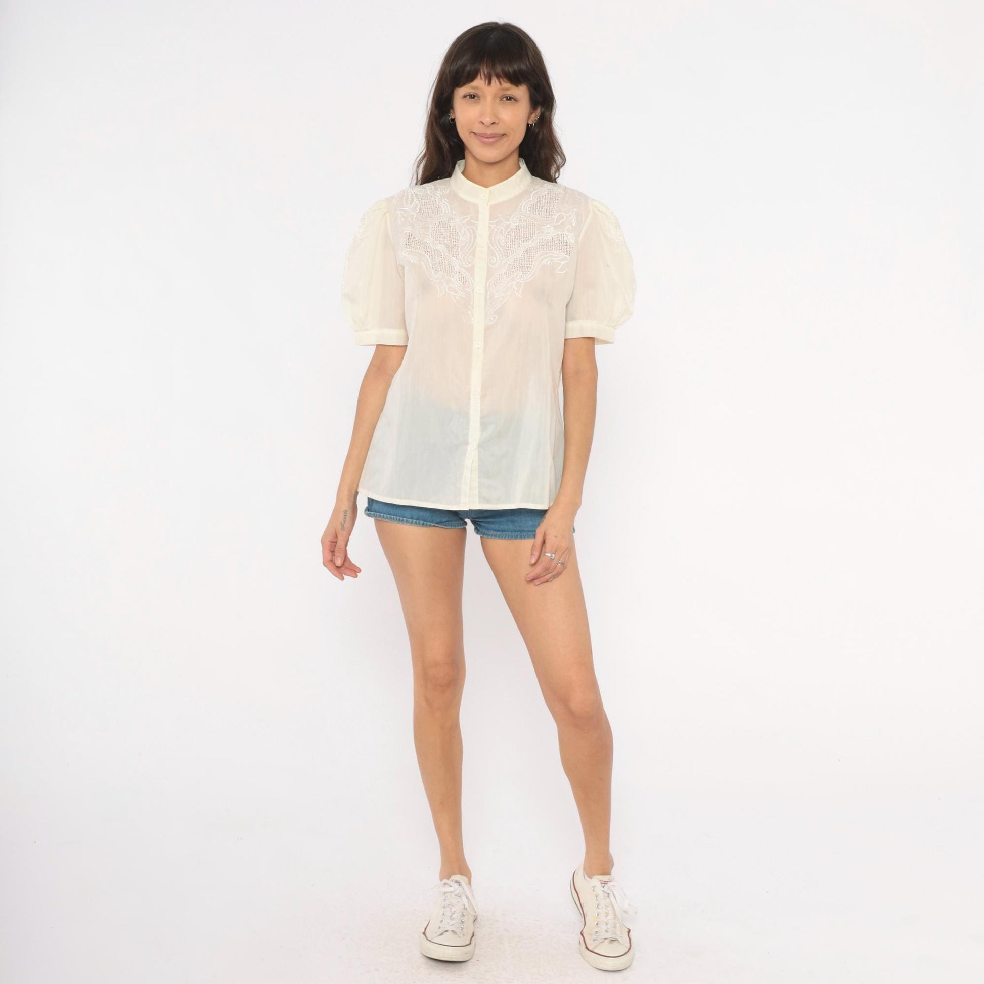 80s Cream Cutwork Embroidered Blouse Puff Sleeve Mandarin Collar Medium M