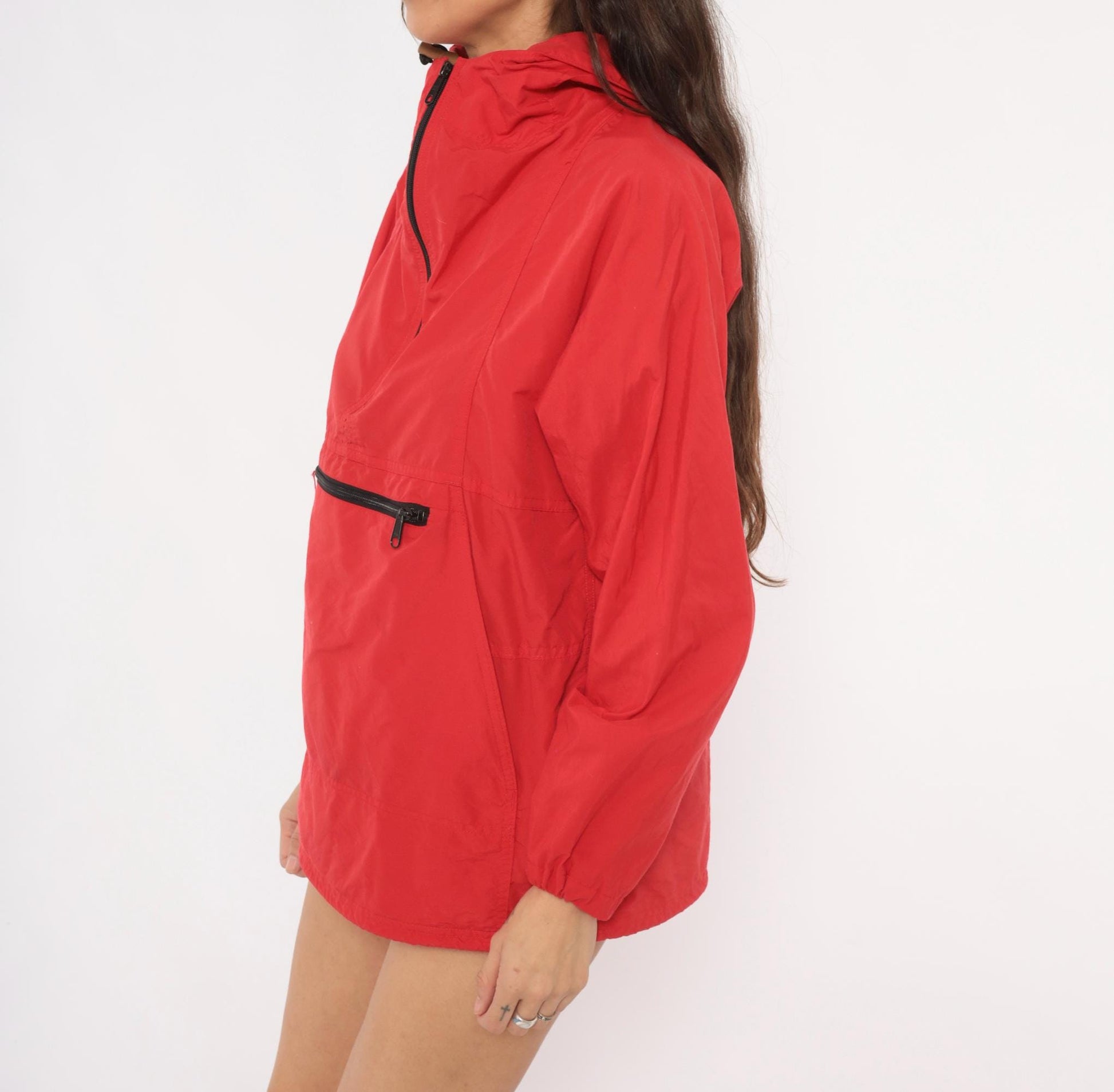 80s L.L.Bean Red Anorak Half-Zip Hooded Windbreaker Medium M