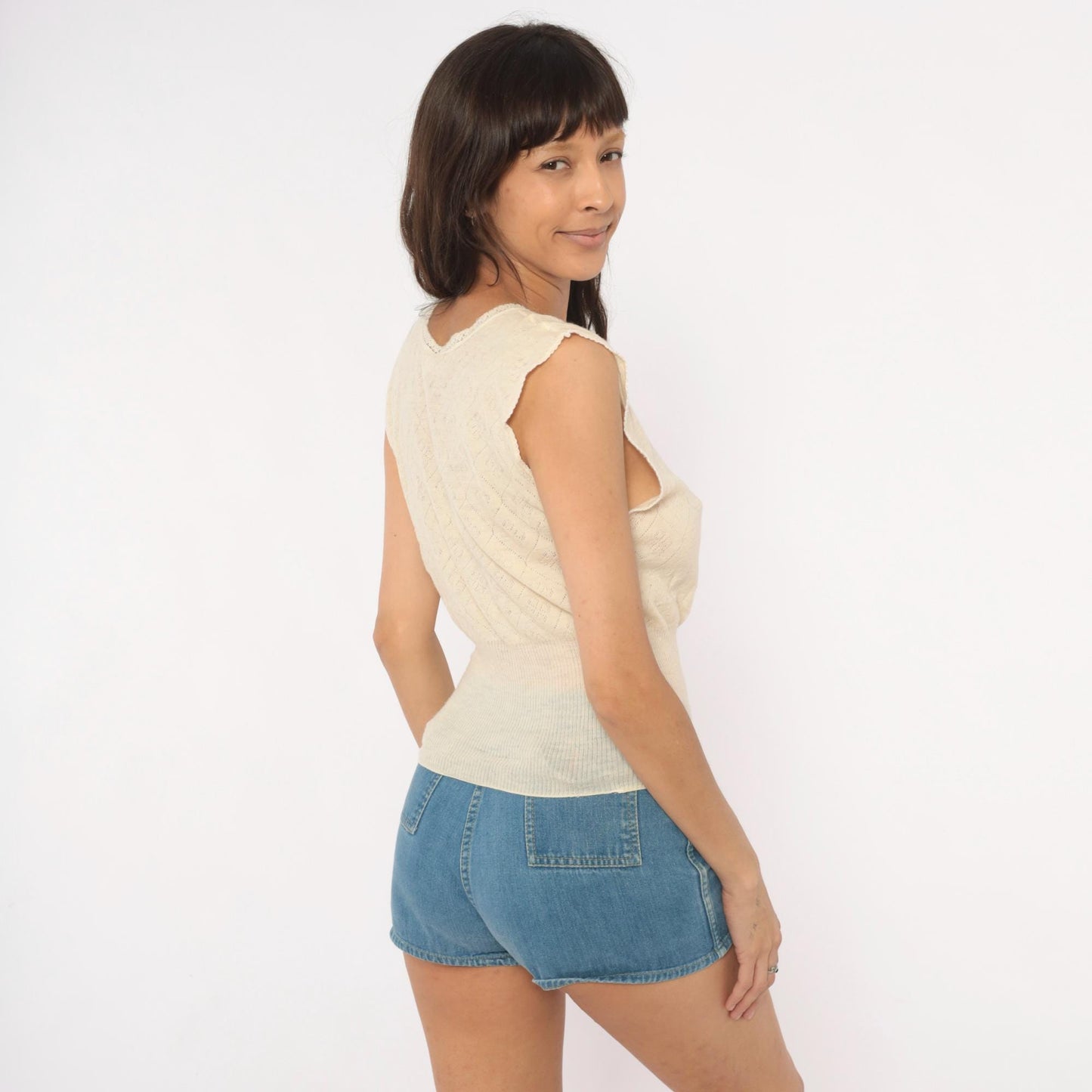 70s Chicas Therm Pointelle Knit Vest Cream Wool Scalloped Trim Extra Large
