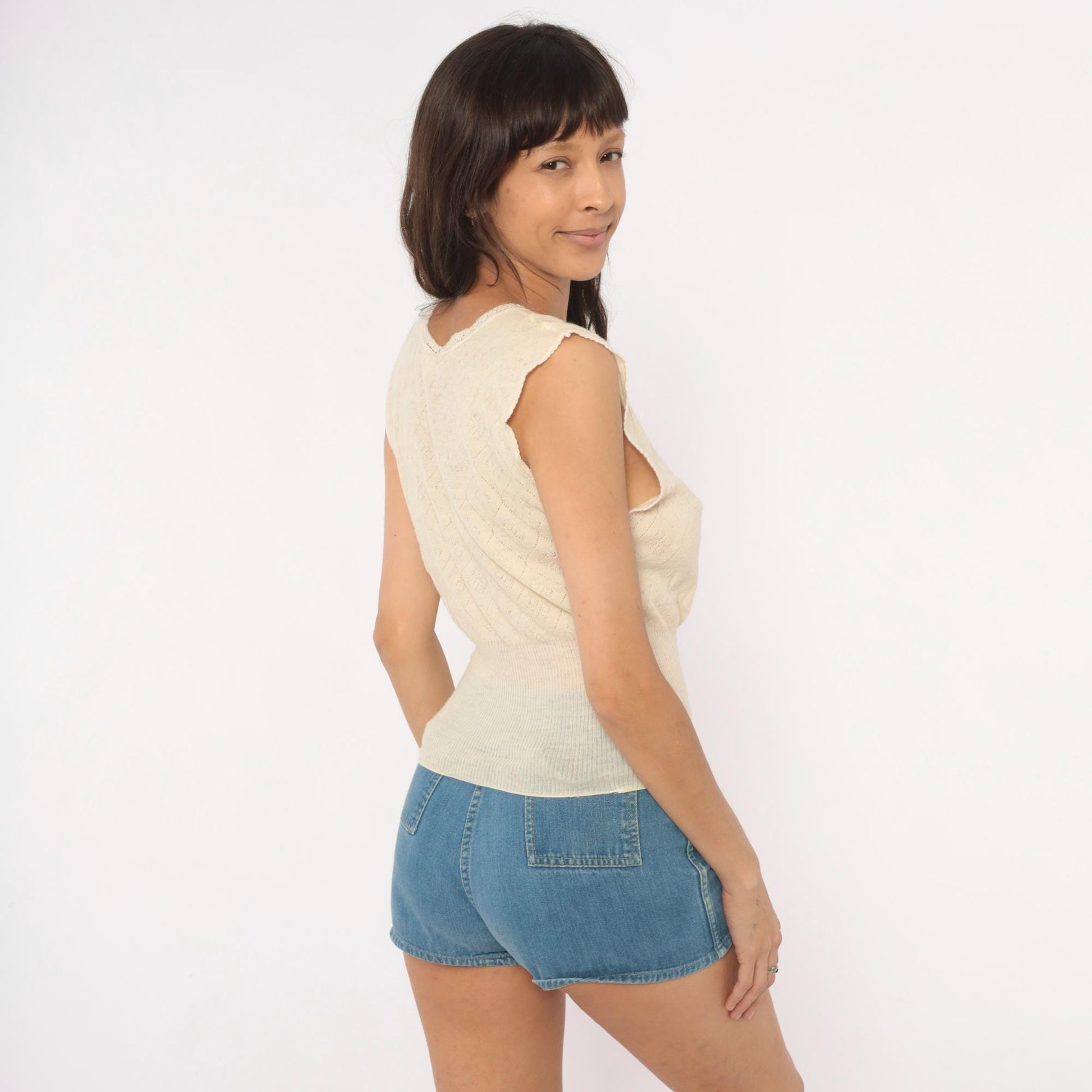 70s Chicas Therm Pointelle Knit Vest Cream Wool Scalloped Trim Extra Large