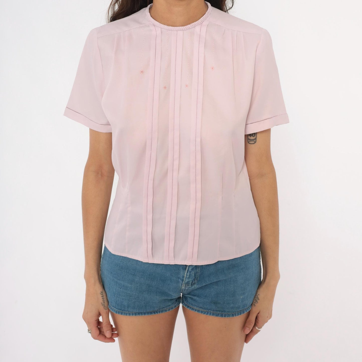 70s Mode de Paris Blush Pintuck Blouse Embroidered Star Crew Neck Medium