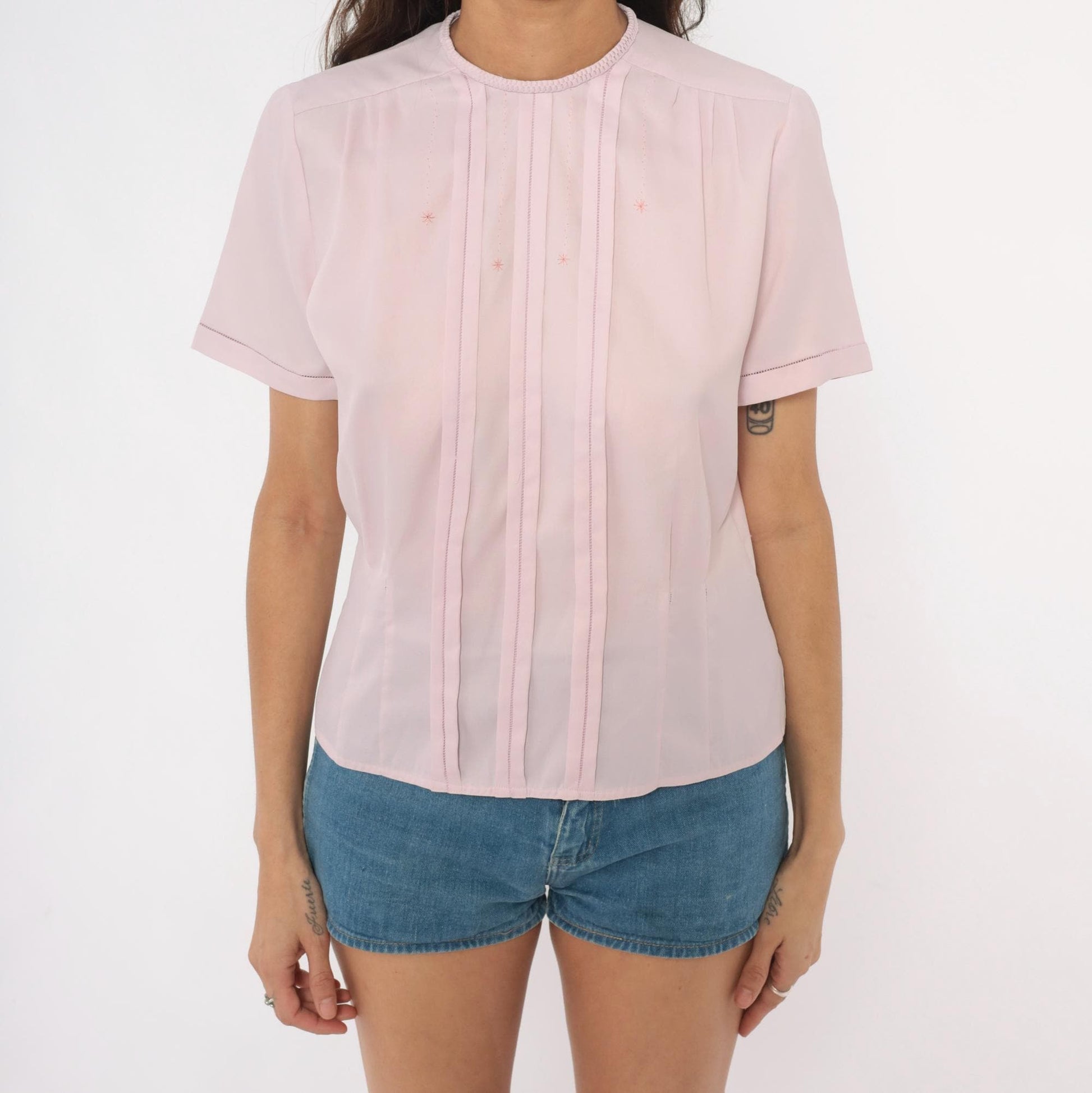 70s Mode de Paris Blush Pintuck Blouse Embroidered Star Crew Neck Medium