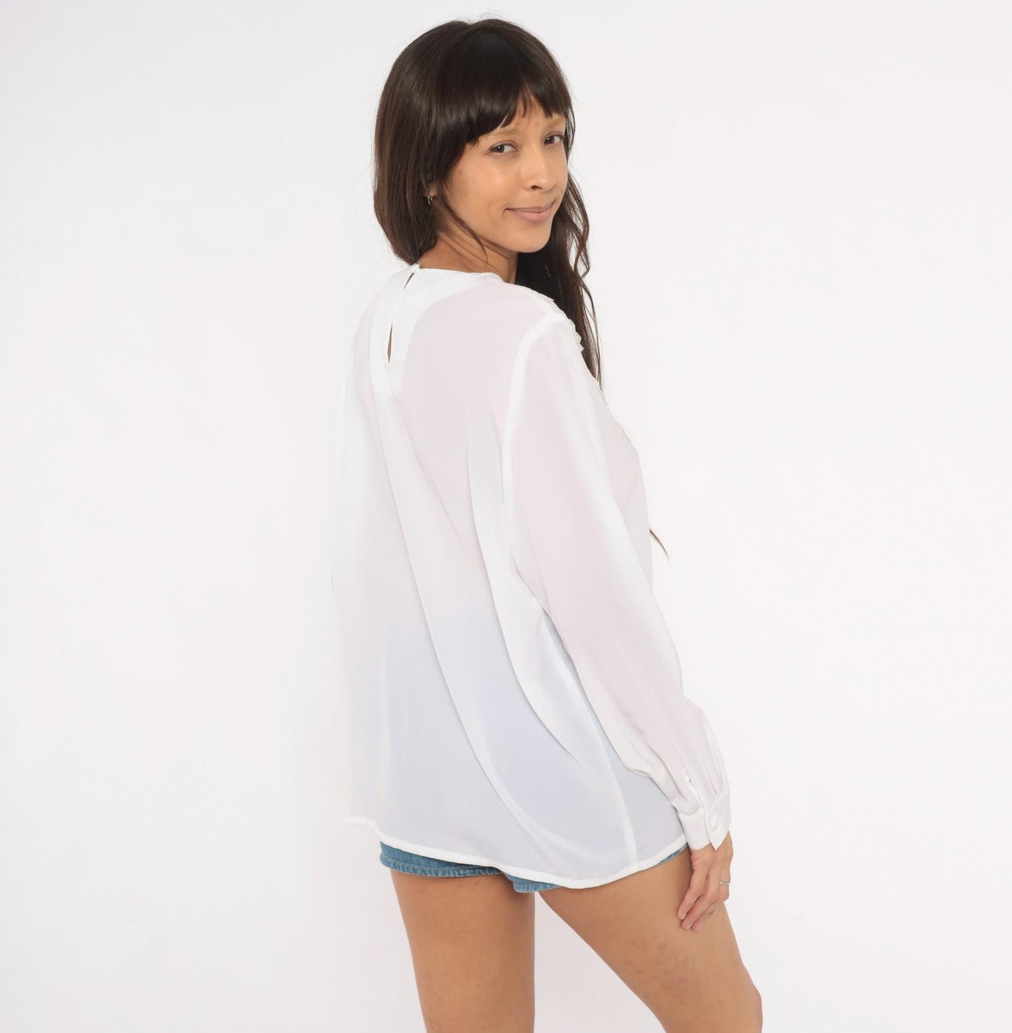 80s Kathy Che Beaded Lace Applique Chiffon Blouse White Long Sleeve Large
