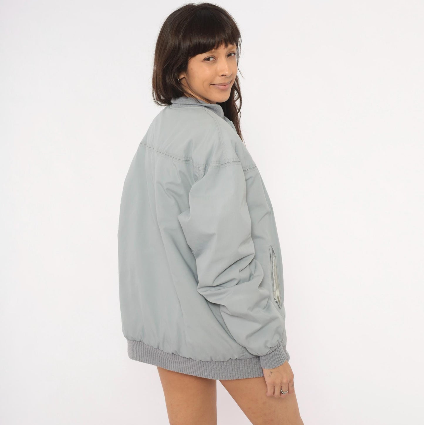 80s Catalina Varsity Bomber Jacket Grey Cotton Knit Collar Medium