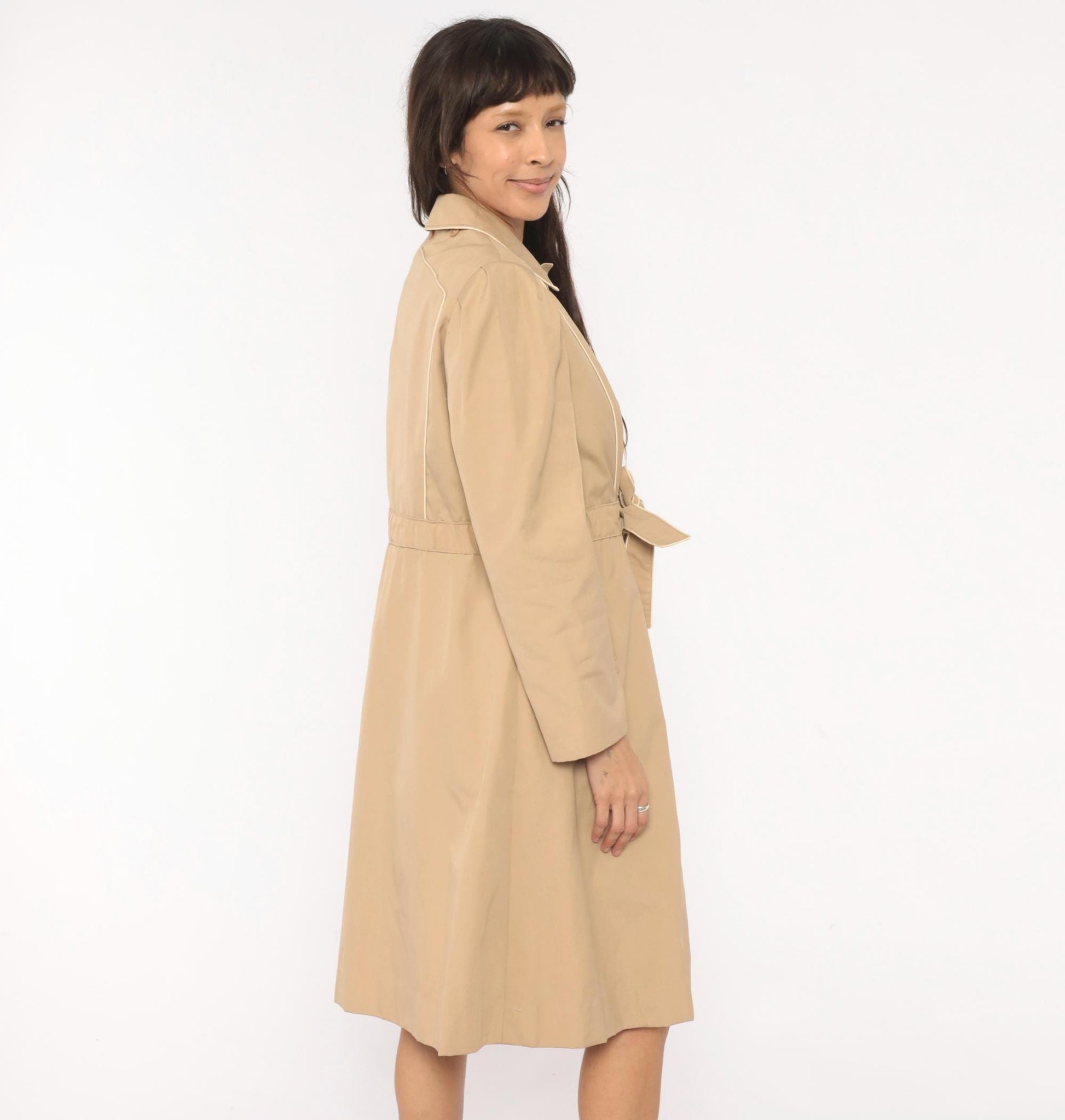 80s Windy Weather Tan Trench Coat Puff Sleeve Knee-Length Medium M