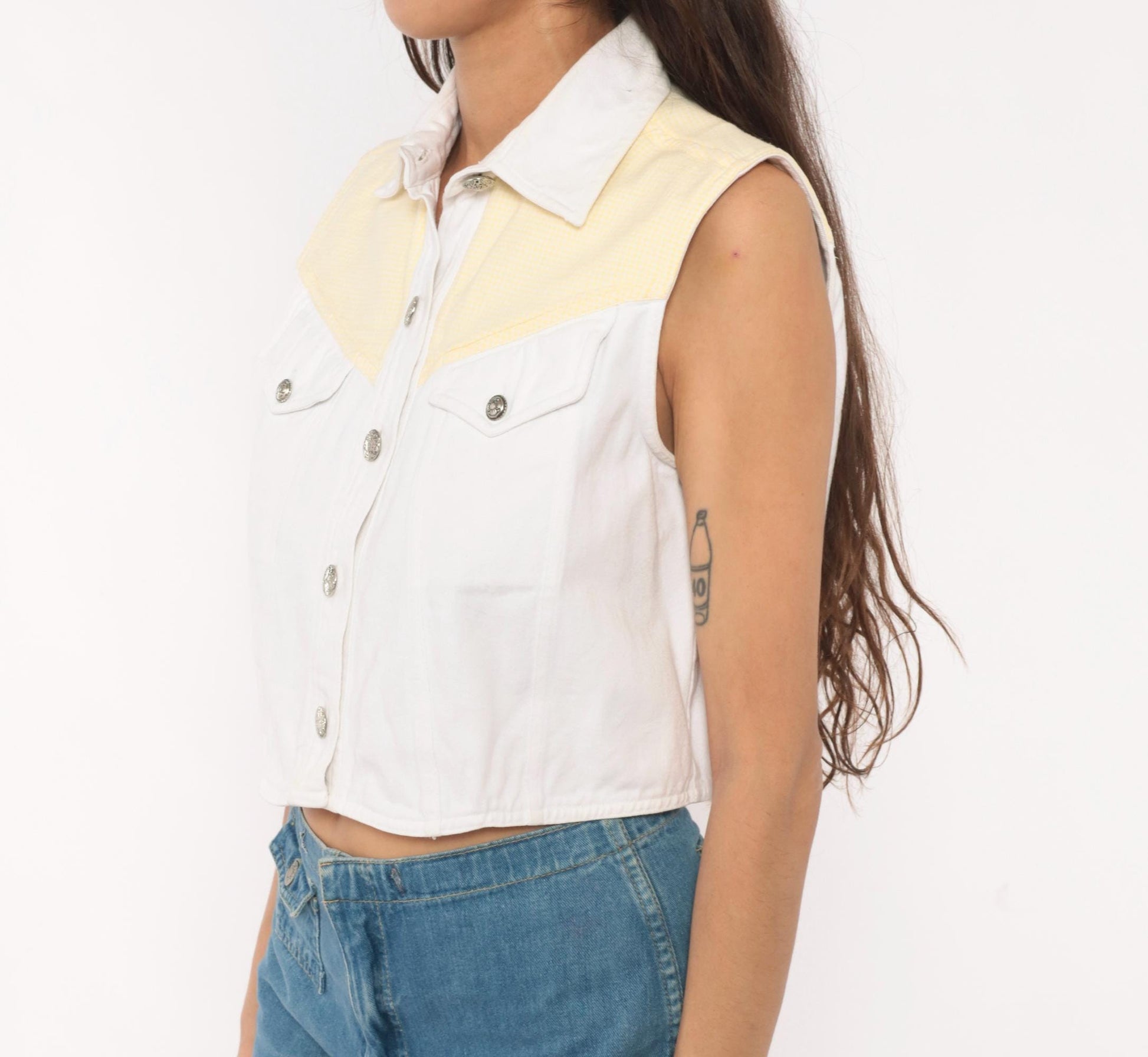 90s Ozark Western Crop Vest White Yellow Gingham Cotton Concho Medium M