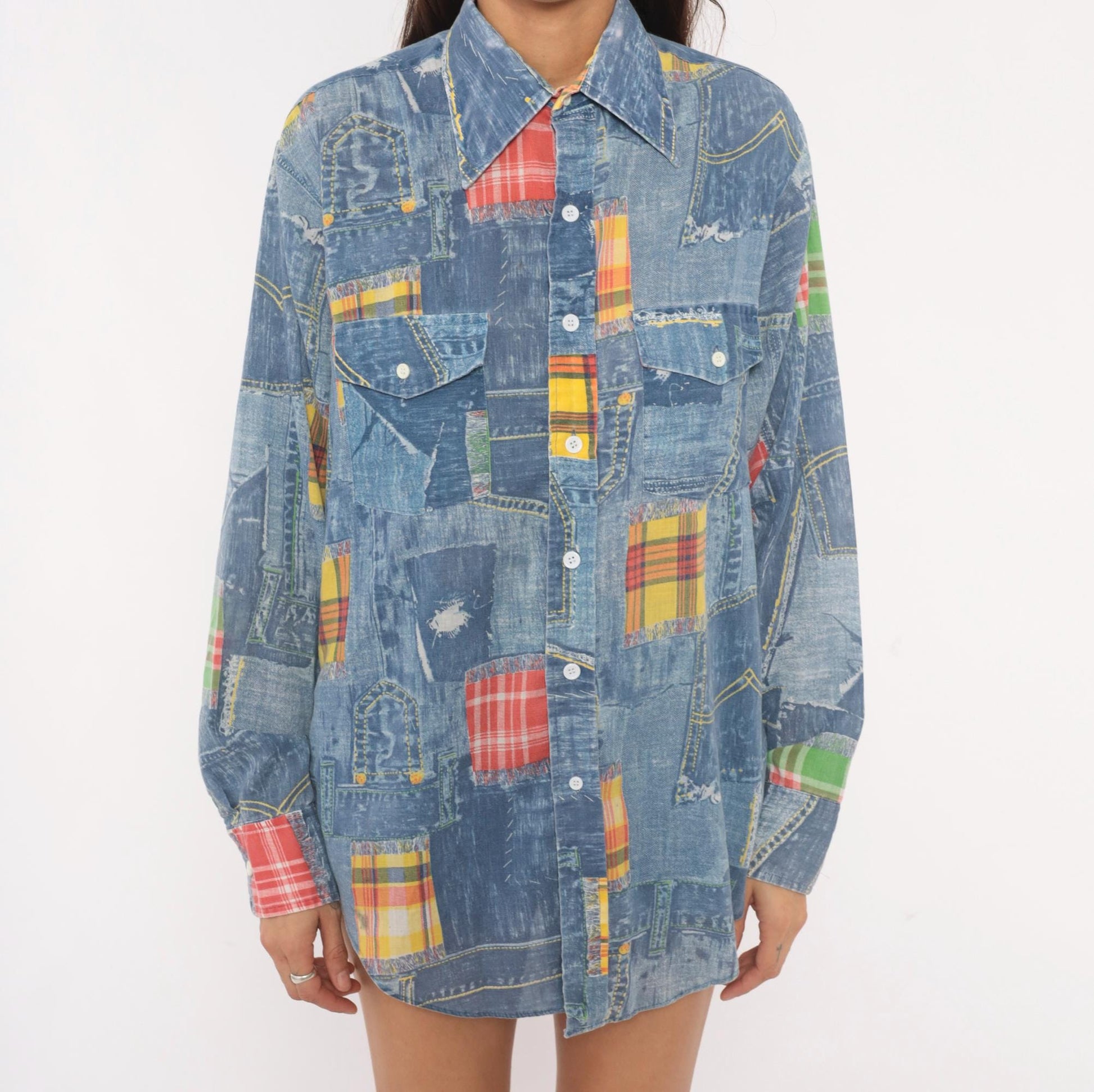 70s Permanent Press Patchwork Denim Print Shirt Madras Plaid Blue Yellow Medium