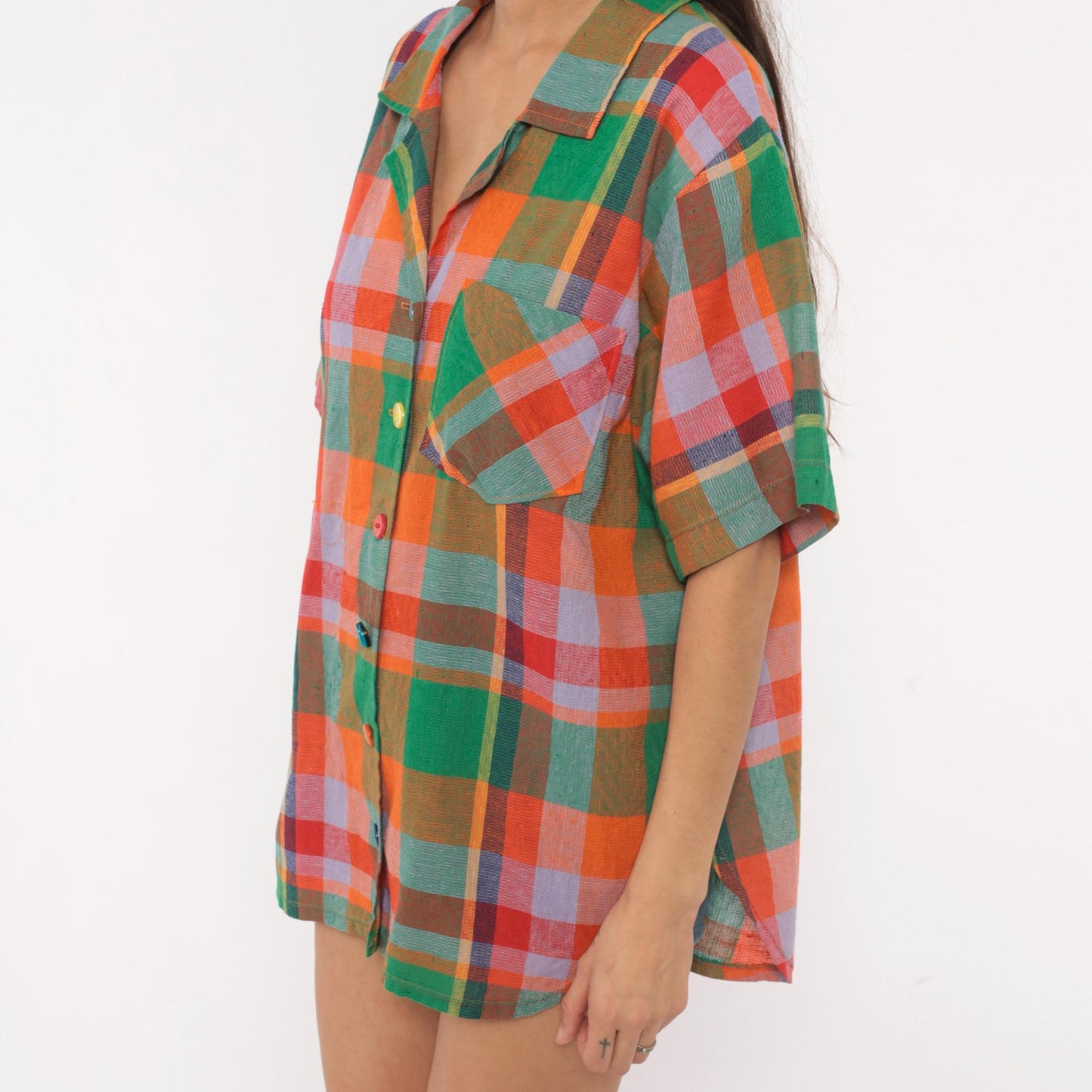 80s Rainbow Plaid Camp Shirt Cotton Button Front Blouse Large L