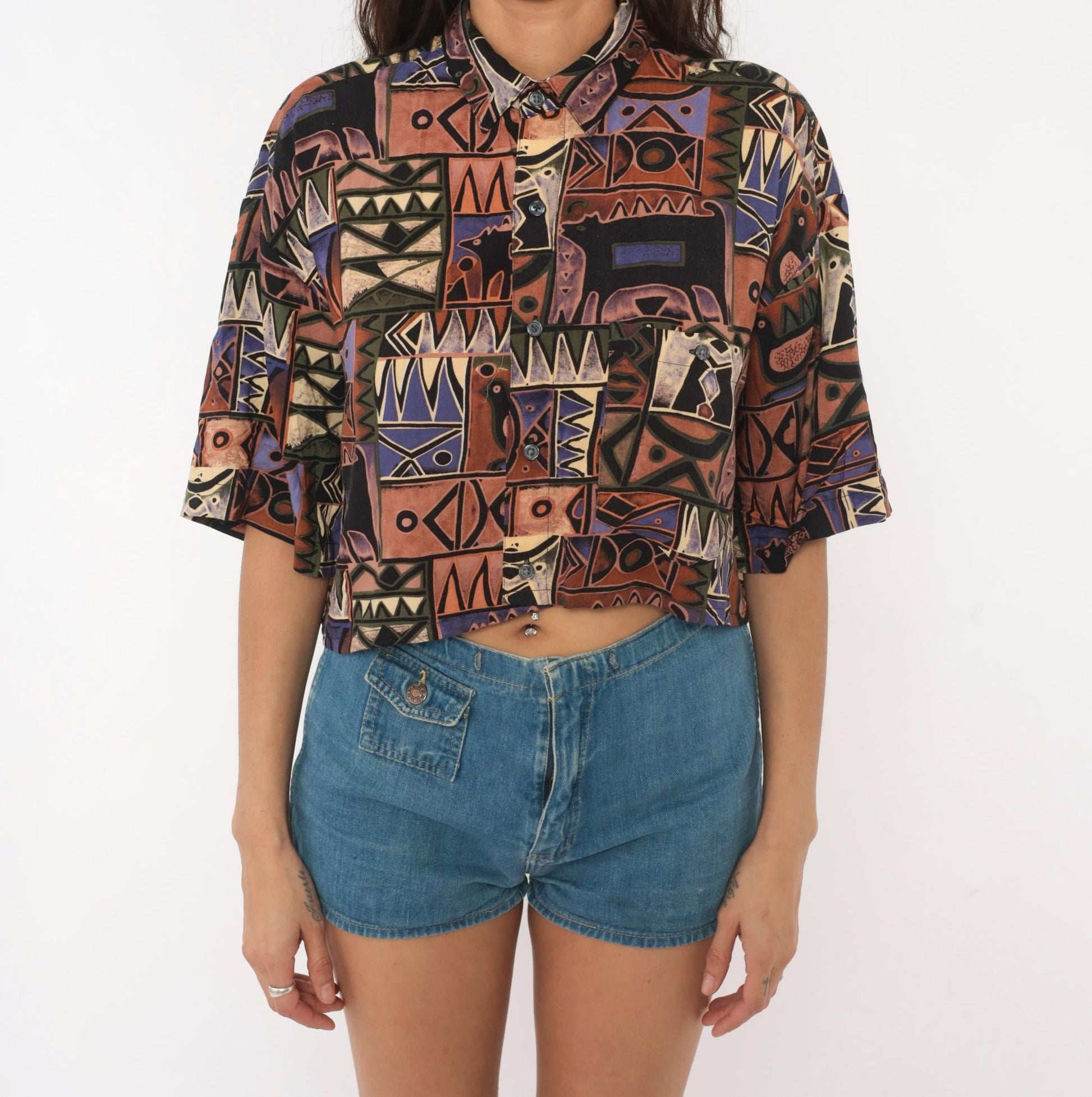 90s Chiamare Abstract Crop Top Shirt Button Front Collared Blouse Brown Purple Geometric Large L