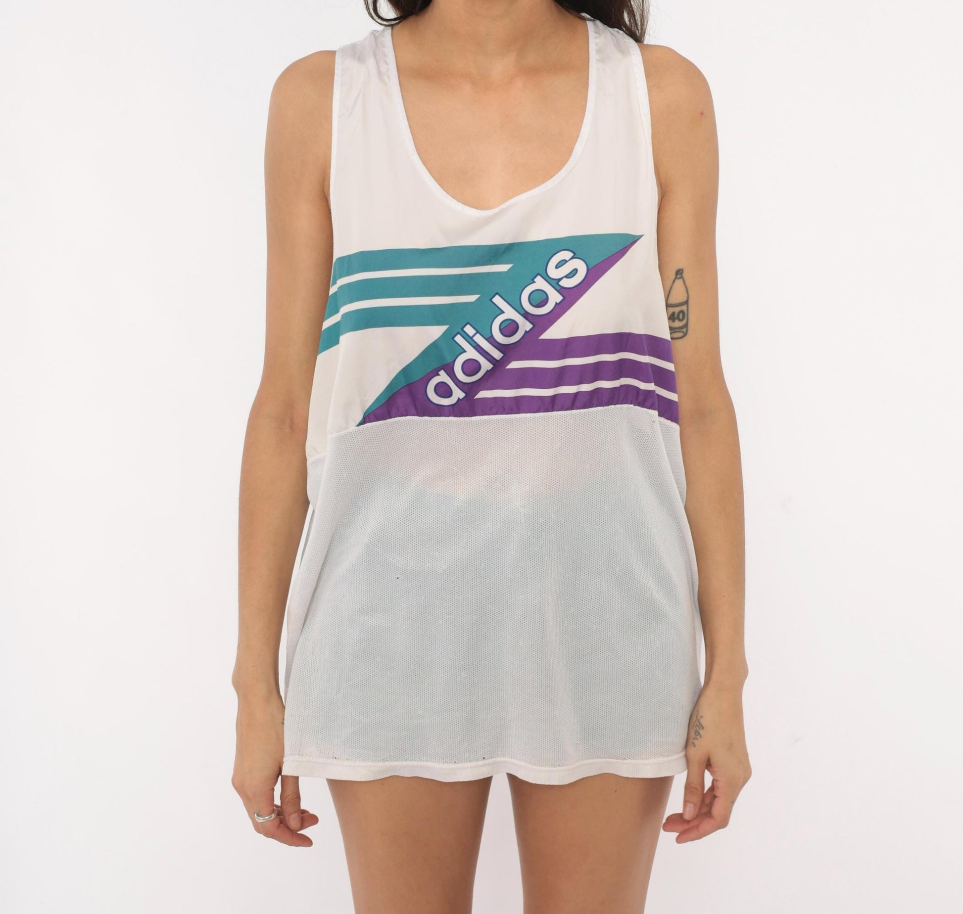 90s Adidas Tank Top White Teal Purple Mesh Athletic Sleeveless Extra Large XL