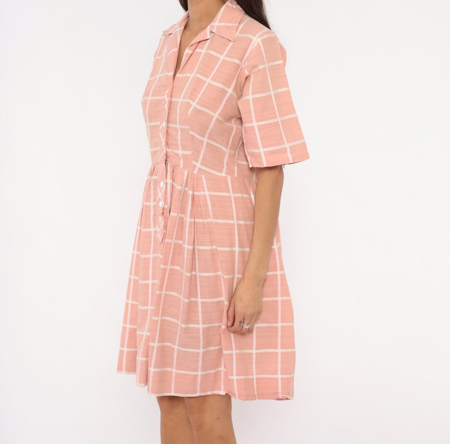 1960s Pink Cream Windowpane Shirtdress Cotton Button Front Pleated Large L