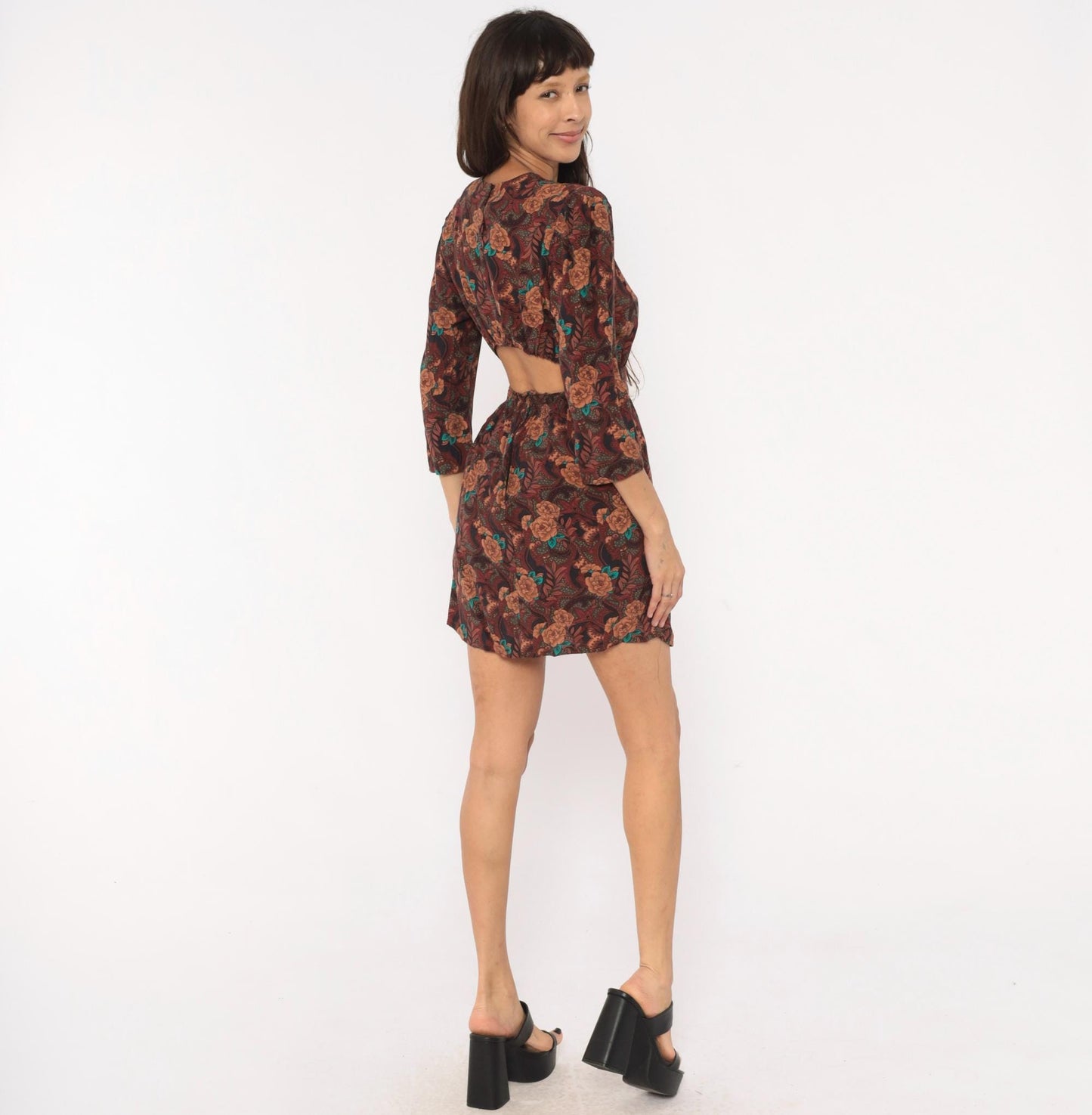 80s Karin Stevens Burgundy Floral Mini Dress Open Back Three Quarter Sleeve Medium
