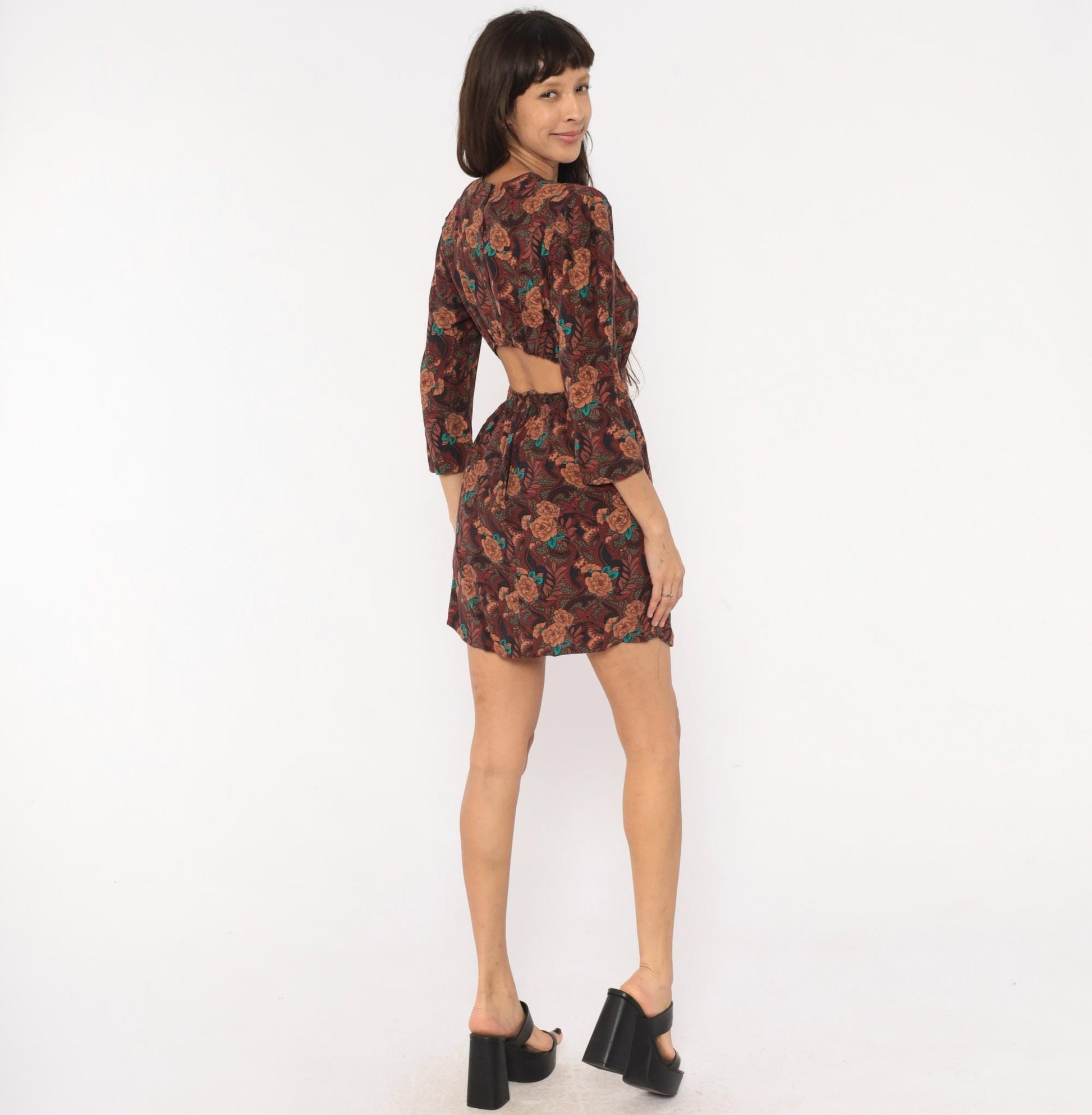 80s Karin Stevens Burgundy Floral Mini Dress Open Back Three Quarter Sleeve Medium