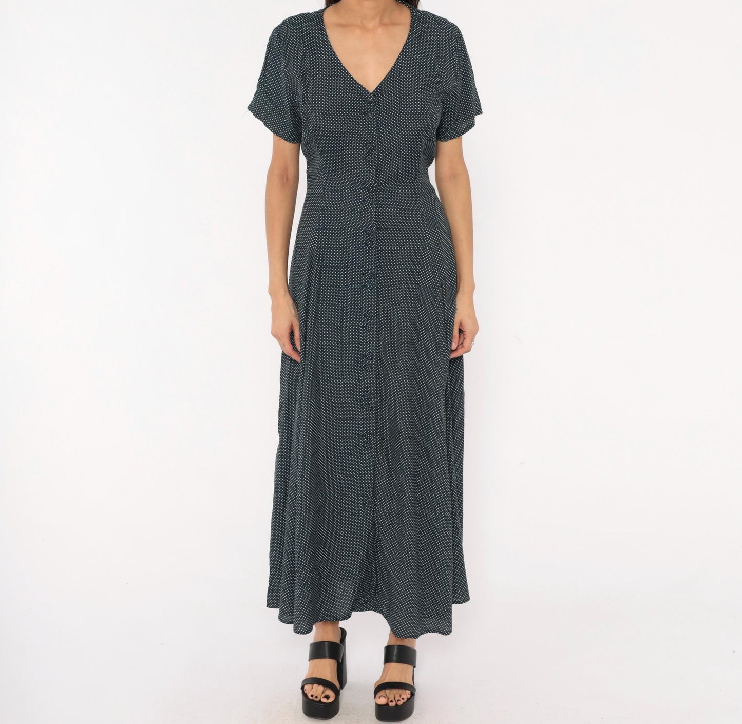 90s New York Style Navy Polka Dot Maxi Dress Button Front Flutter Sleeve Large L