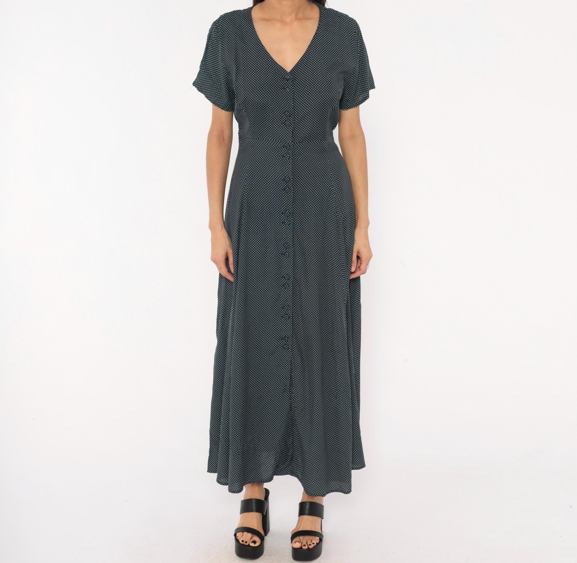 90s New York Style Navy Polka Dot Maxi Dress Button Front Flutter Sleeve Large L