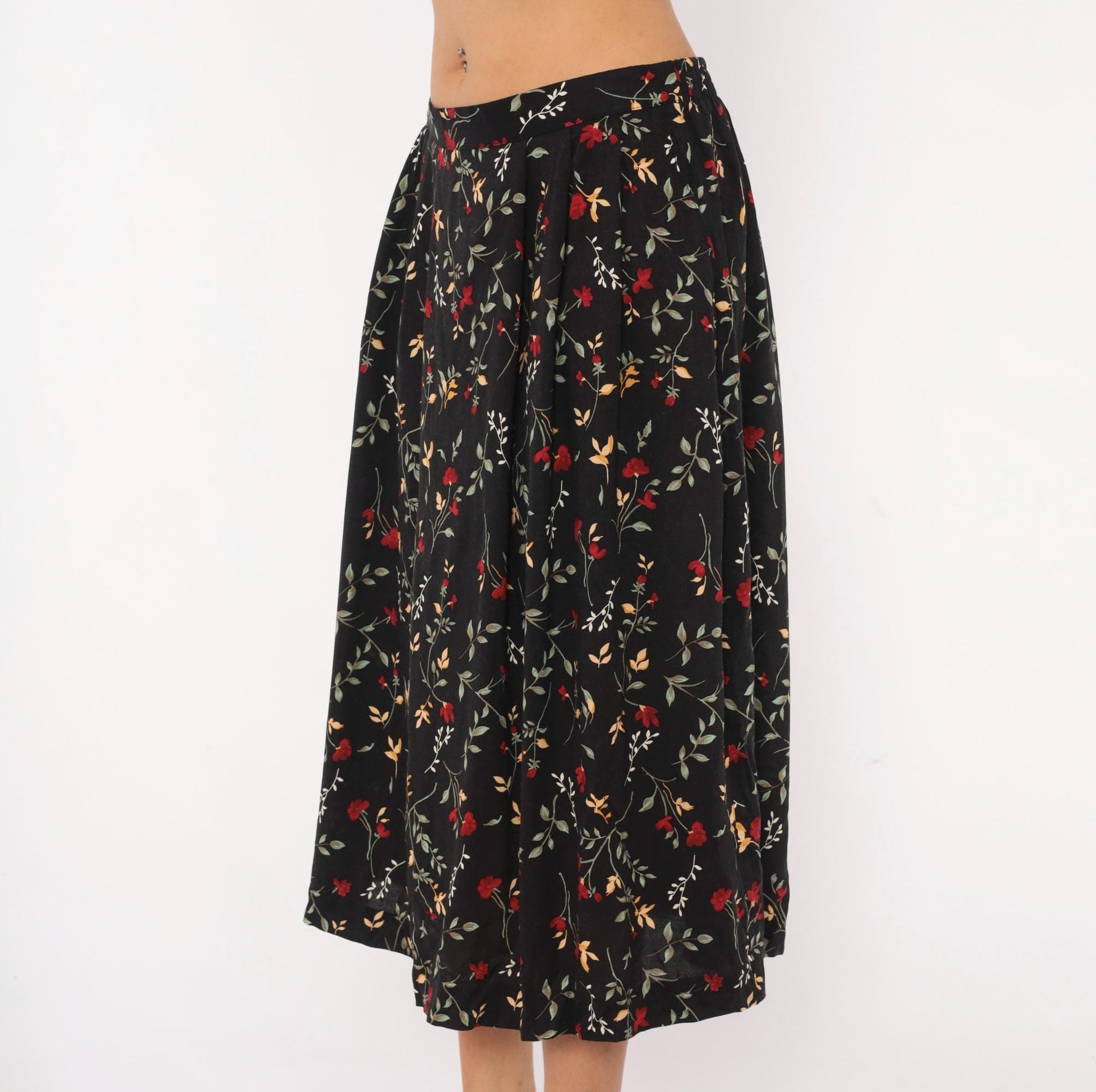 90s Appleseeds Botanical Midi Skirt Black Floral Red Green Extra Large XL
