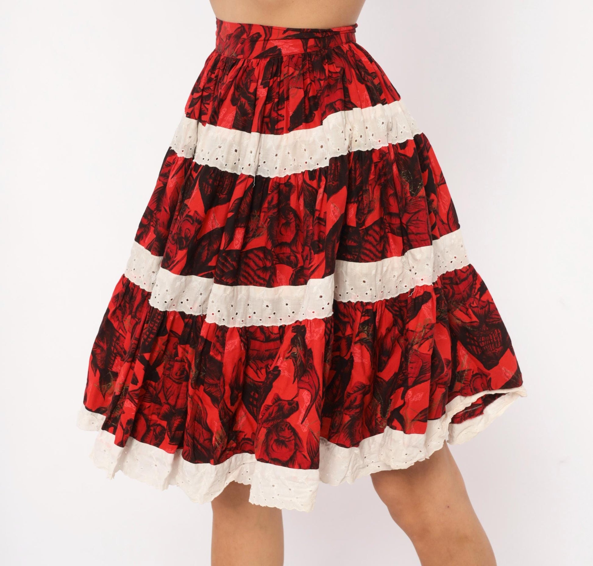 60s Fish Print Circle Skirt Red Black Eyelet Lace Cotton Extra Small