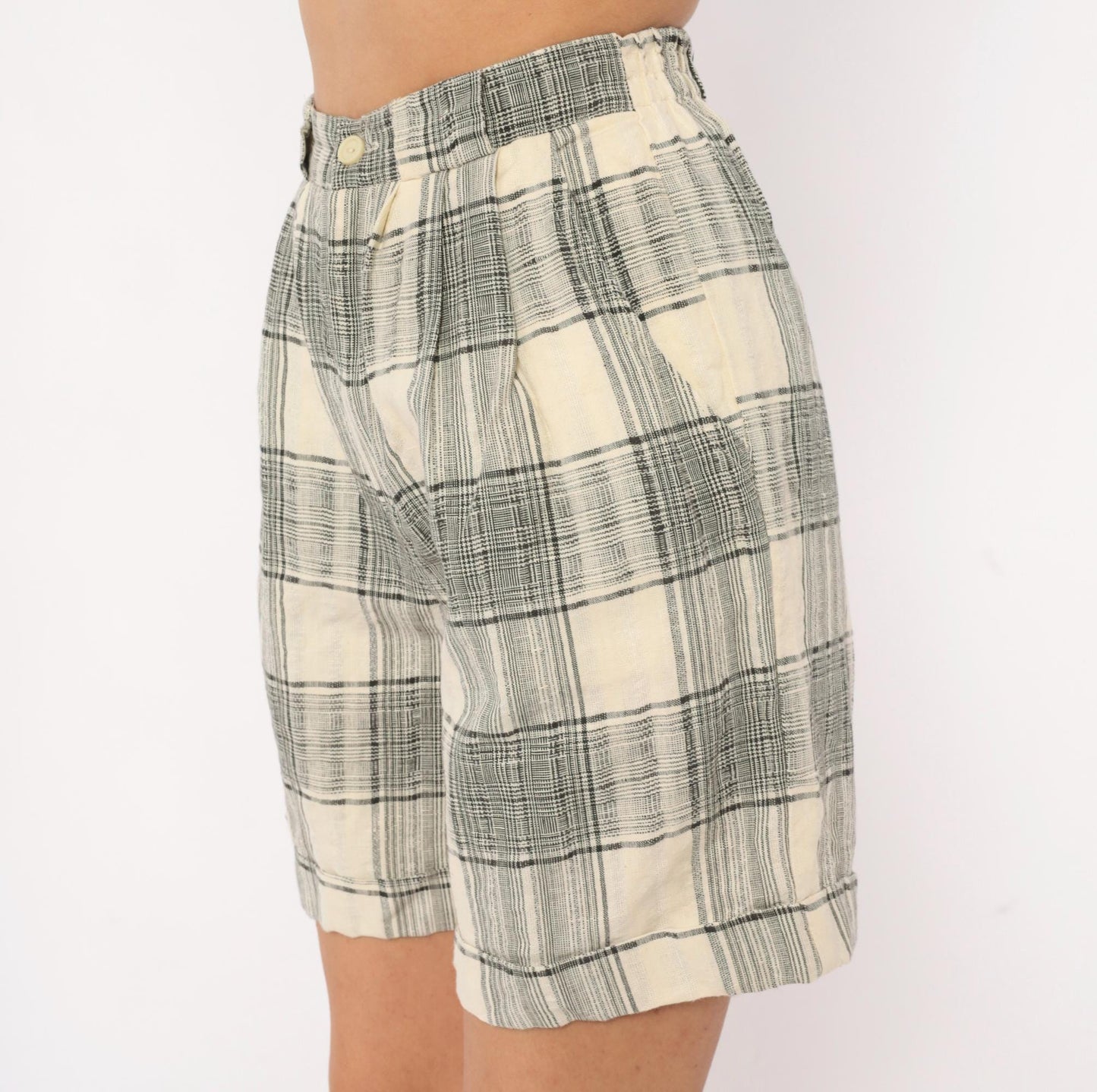 80s Fundamental Things Plaid Linen Bermuda Shorts Black Cream High Waist Pleated Extra Small