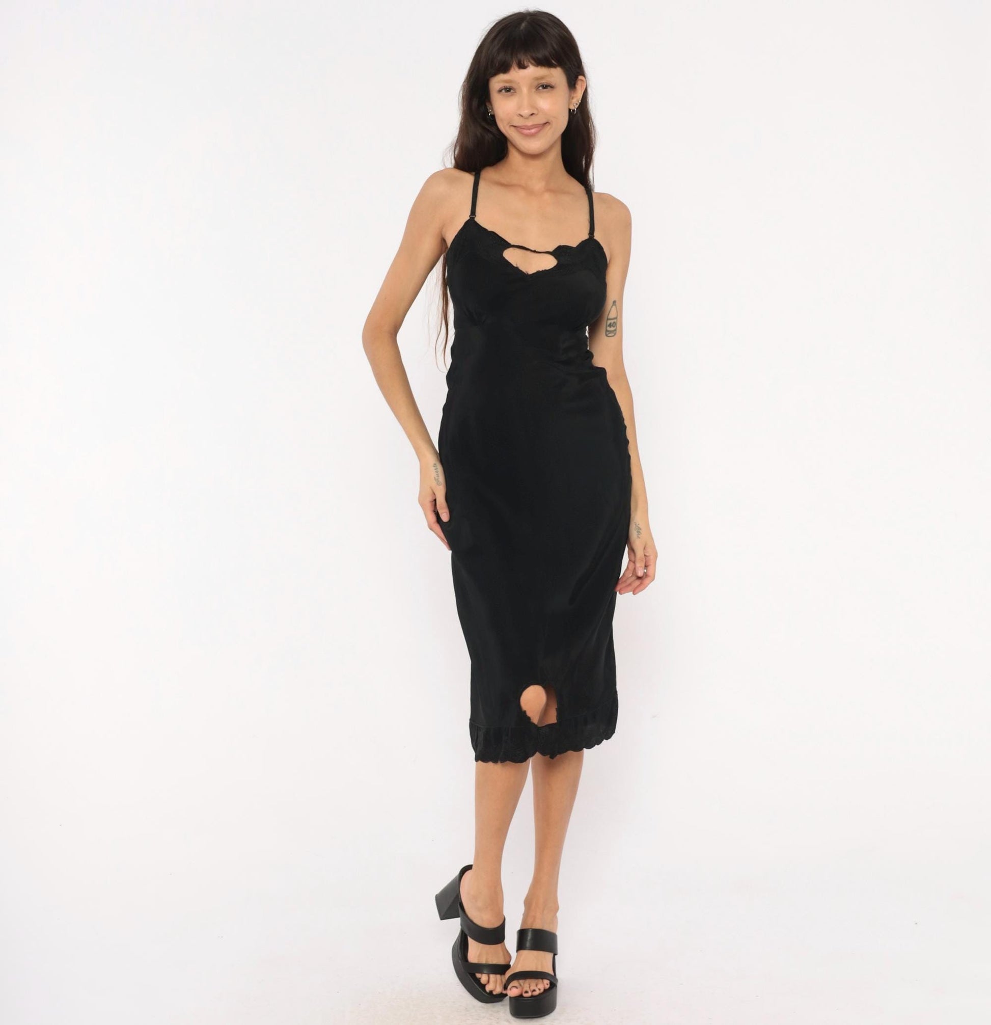 70s Black Silk Slip Dress Heart Cutout Lace Trim Spaghetti Strap Extra Small