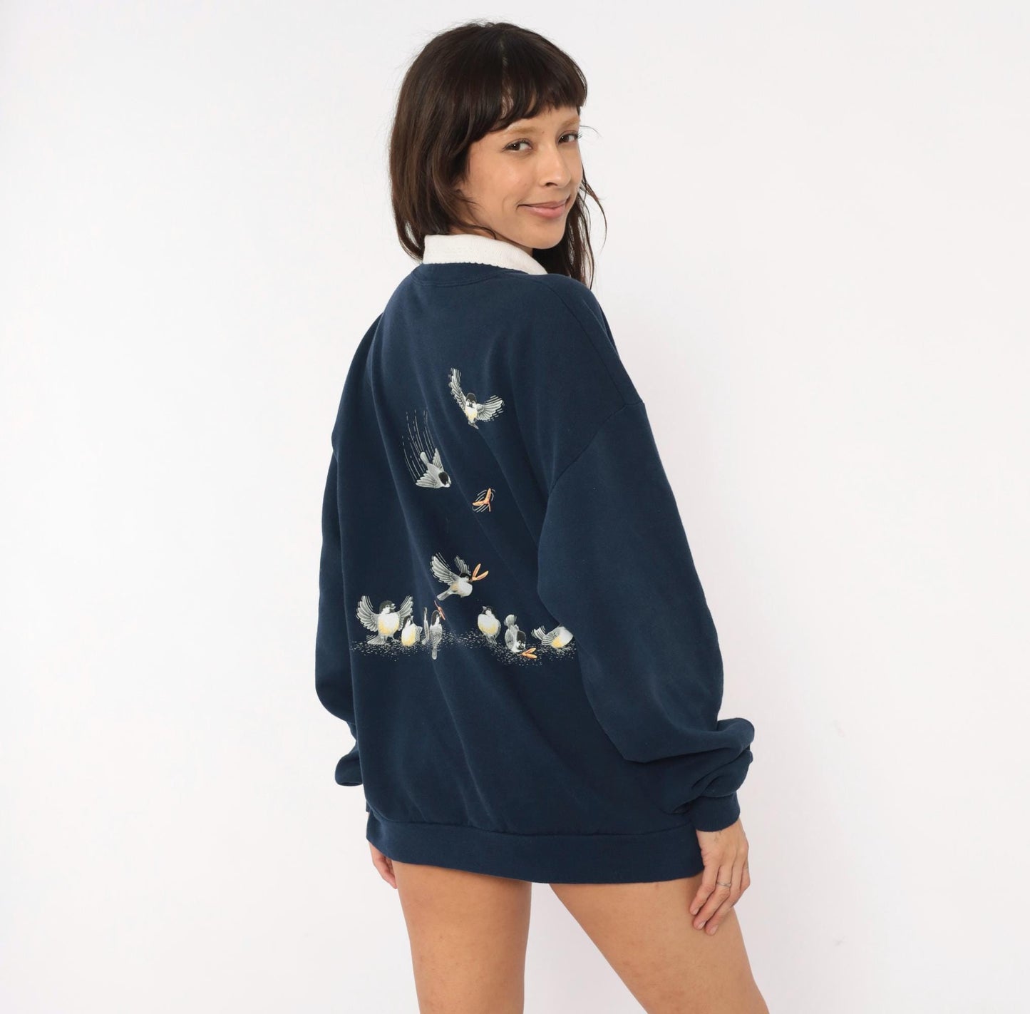 90s Morning Sun Chickadee Sweatshirt Navy Blue Autumn Leaves Collared Graphic Extra Large