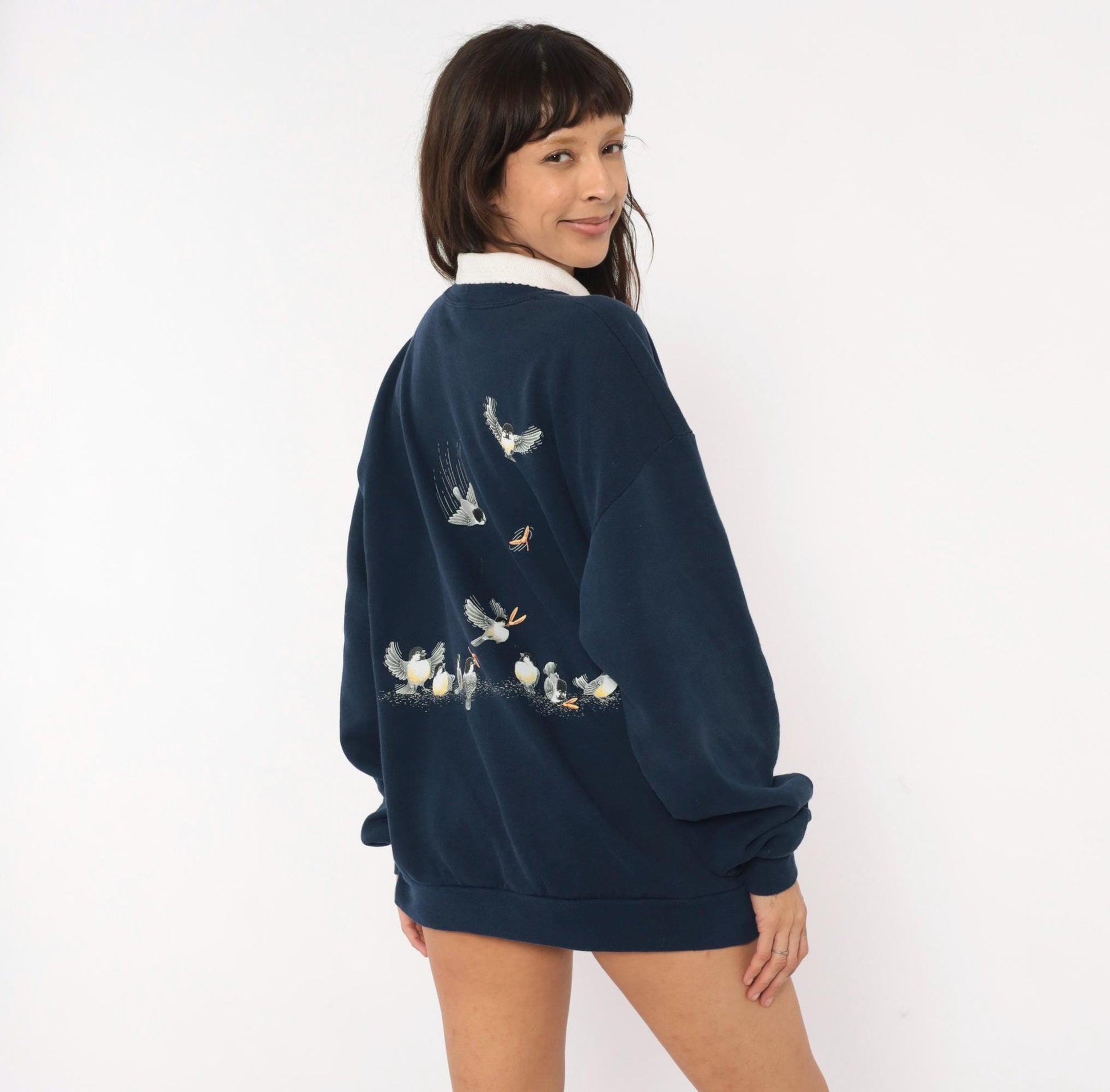 90s Morning Sun Chickadee Sweatshirt Navy Blue Autumn Leaves Collared Graphic Extra Large