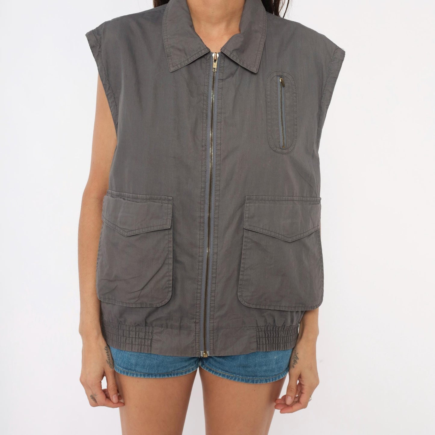 80s Fog Cutter Grey Utility Vest Cotton Zip Cargo Pockets Medium