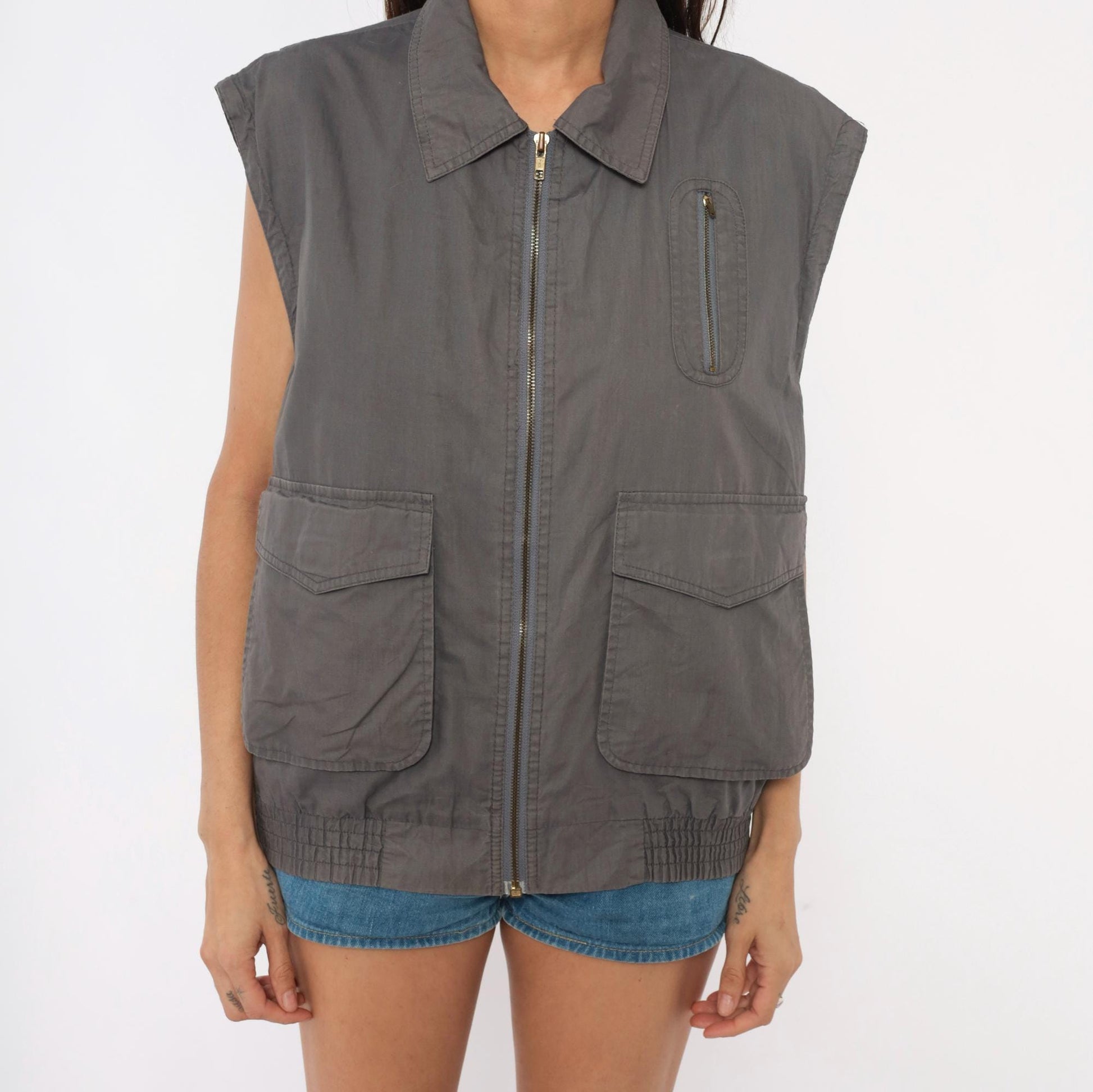 80s Fog Cutter Grey Utility Vest Cotton Zip Cargo Pockets Medium