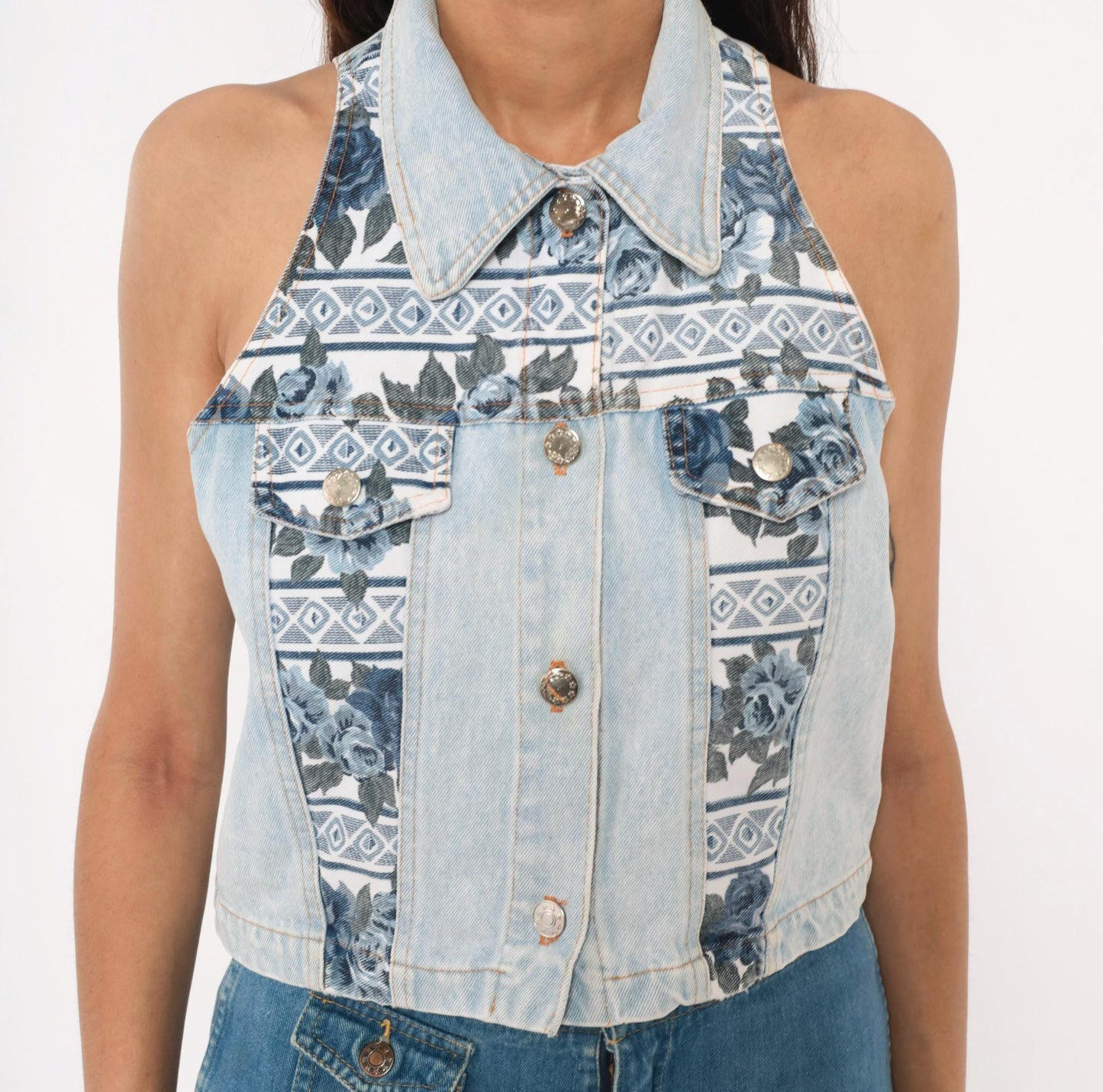 90s Sharnel Denim Vest Cropped Floral Lace-Up Back Light Wash Small