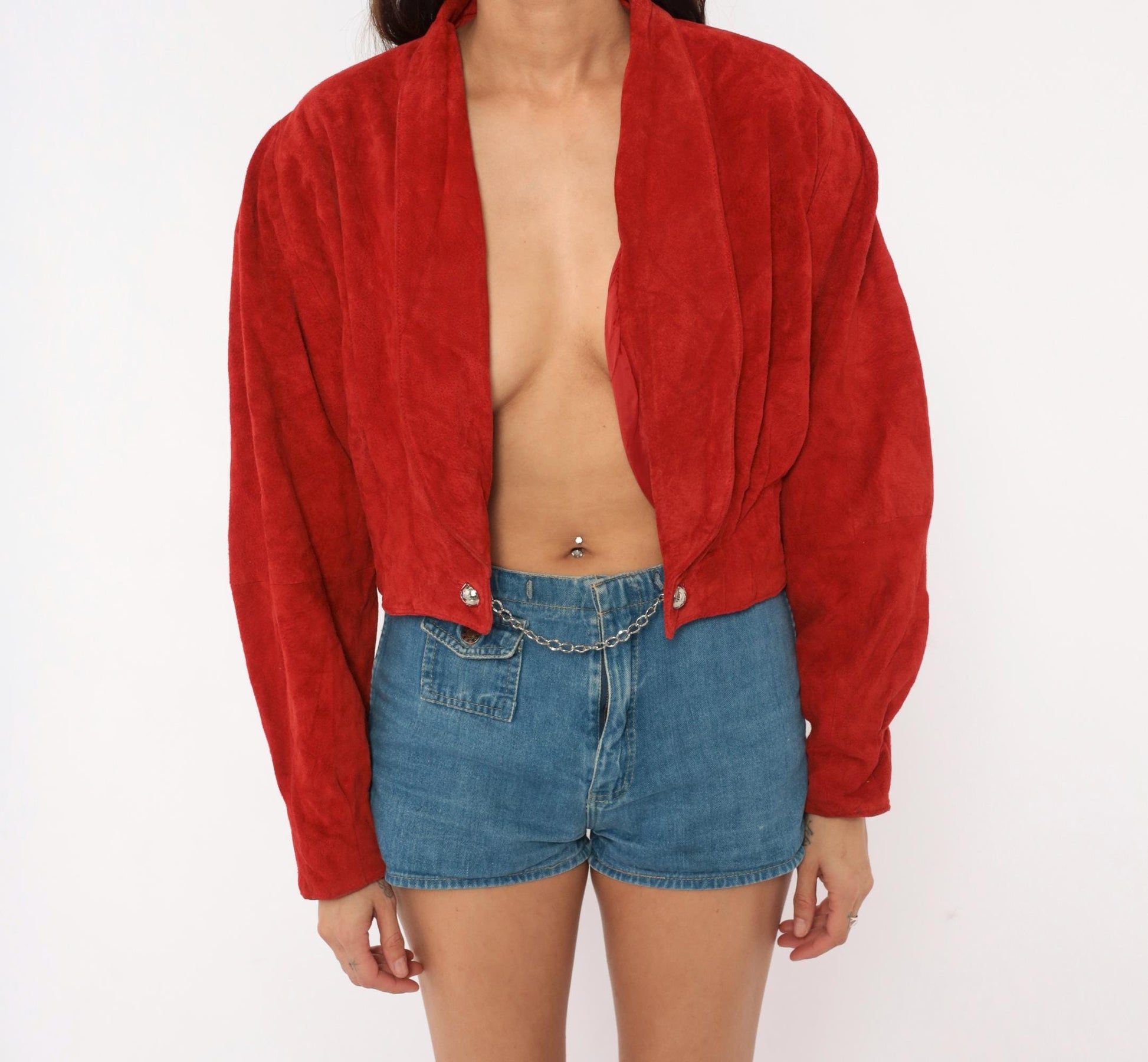 80s Wilsons Red Suede Cropped Jacket Dolman Sleeve Shawl Collar Large L