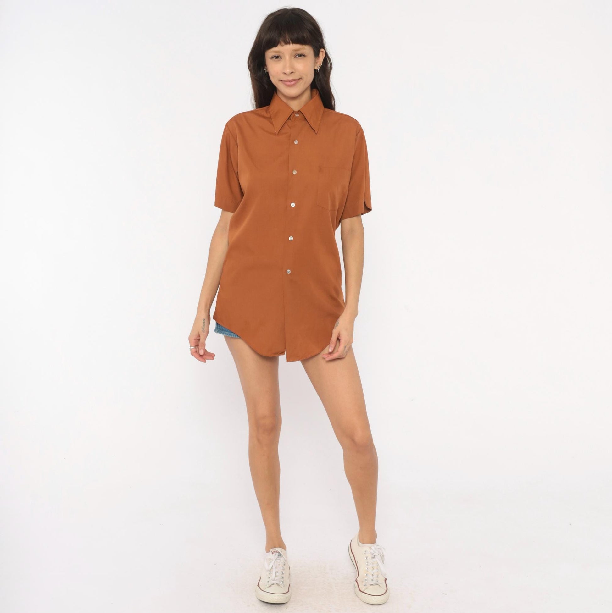 70s Fleetline Rust Button-Up Shirt Pointed Collar Short Sleeve Small