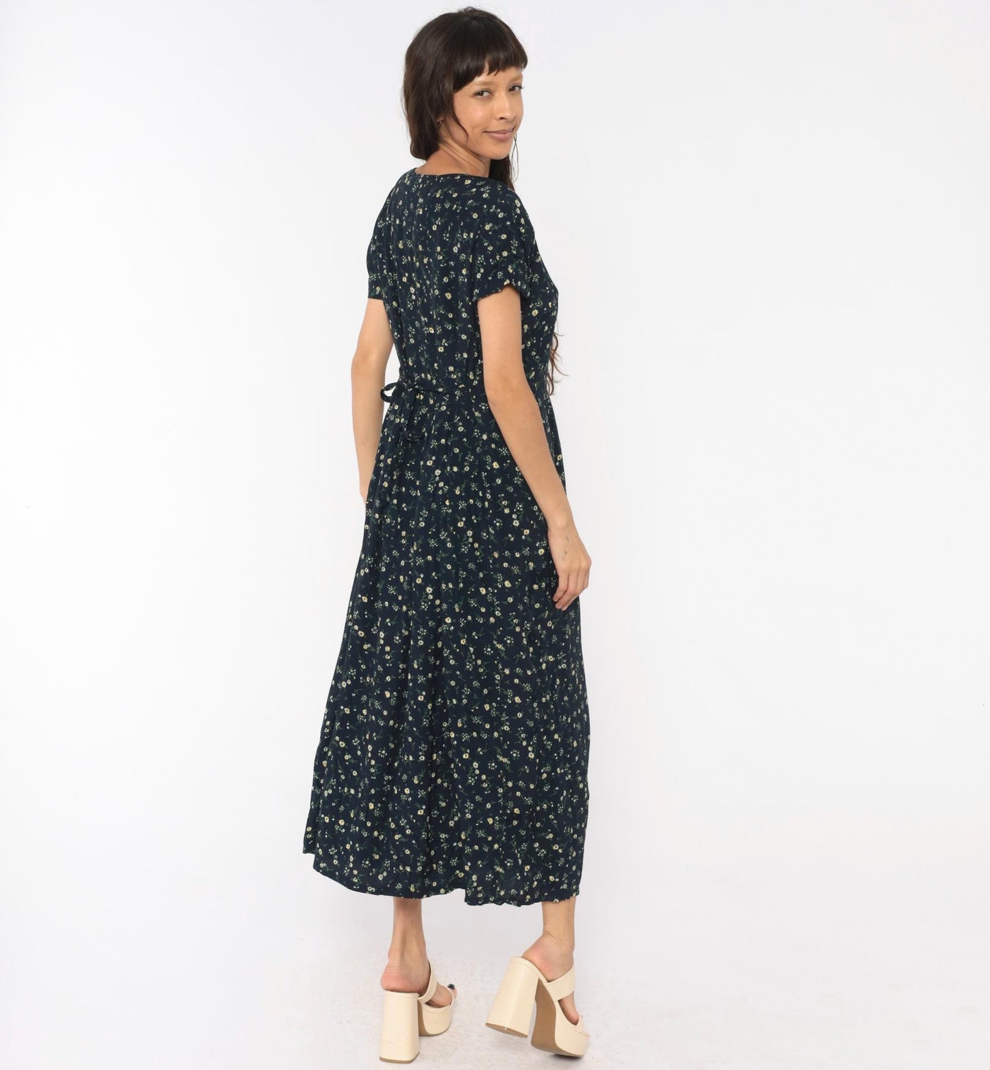 90s Liz Baker Essentials Navy Floral Maxi Dress Yellow Daisy Button Front Medium