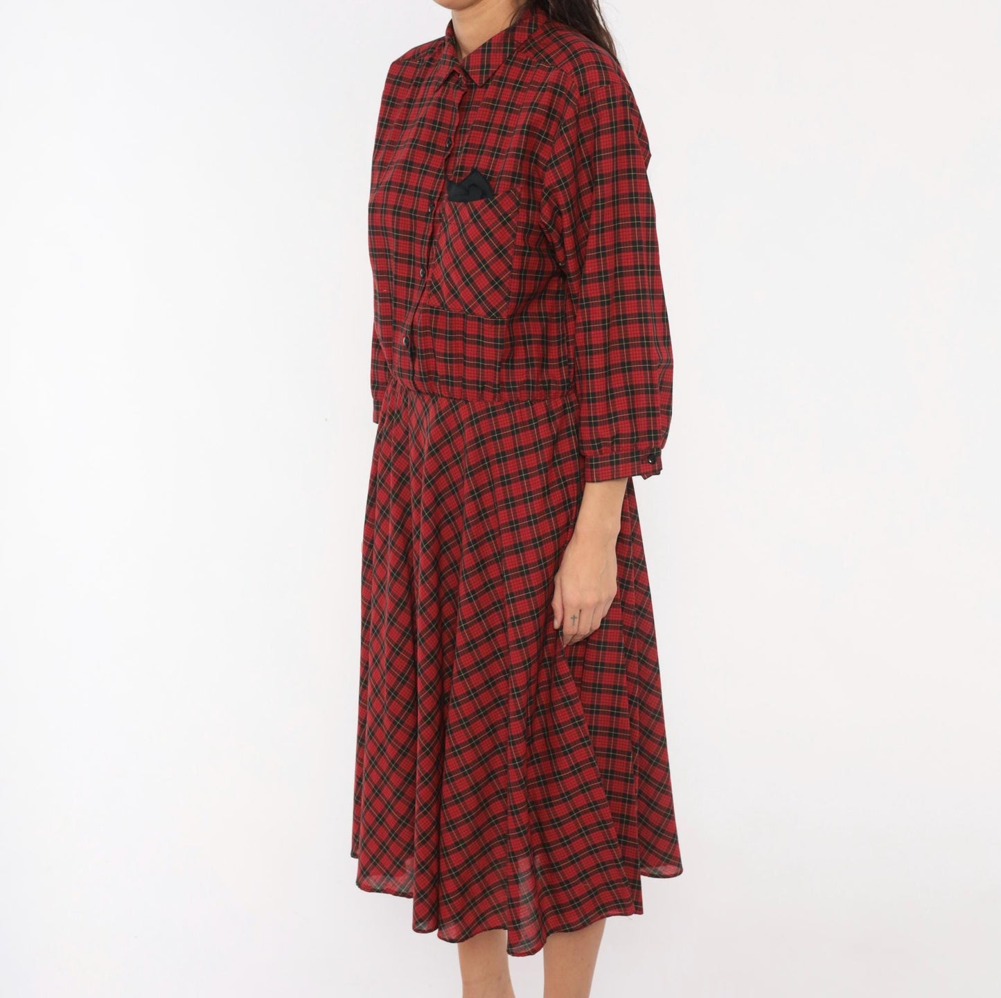 80s Alison Peters Plaid Shirtdress Red Black Tartan Midi Pleated Cotton Medium Large