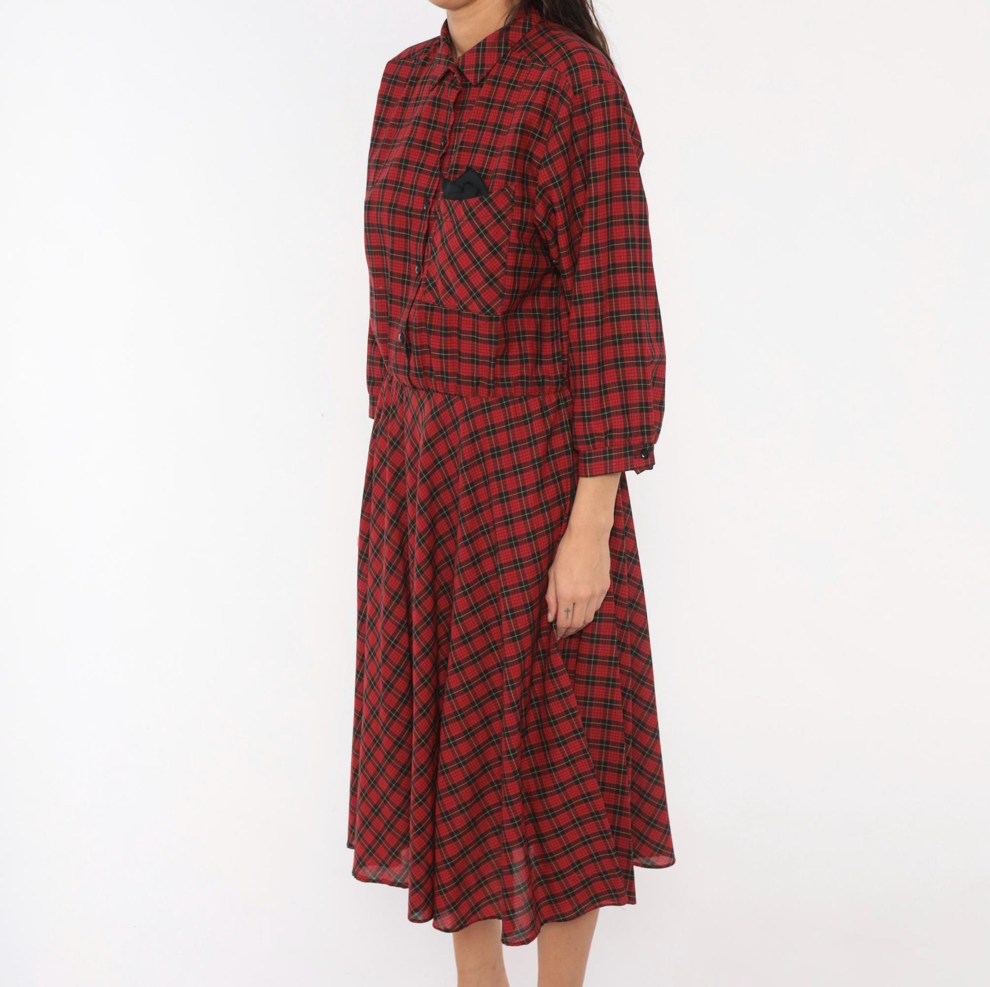 80s Alison Peters Plaid Shirtdress Red Black Tartan Midi Pleated Cotton Medium Large