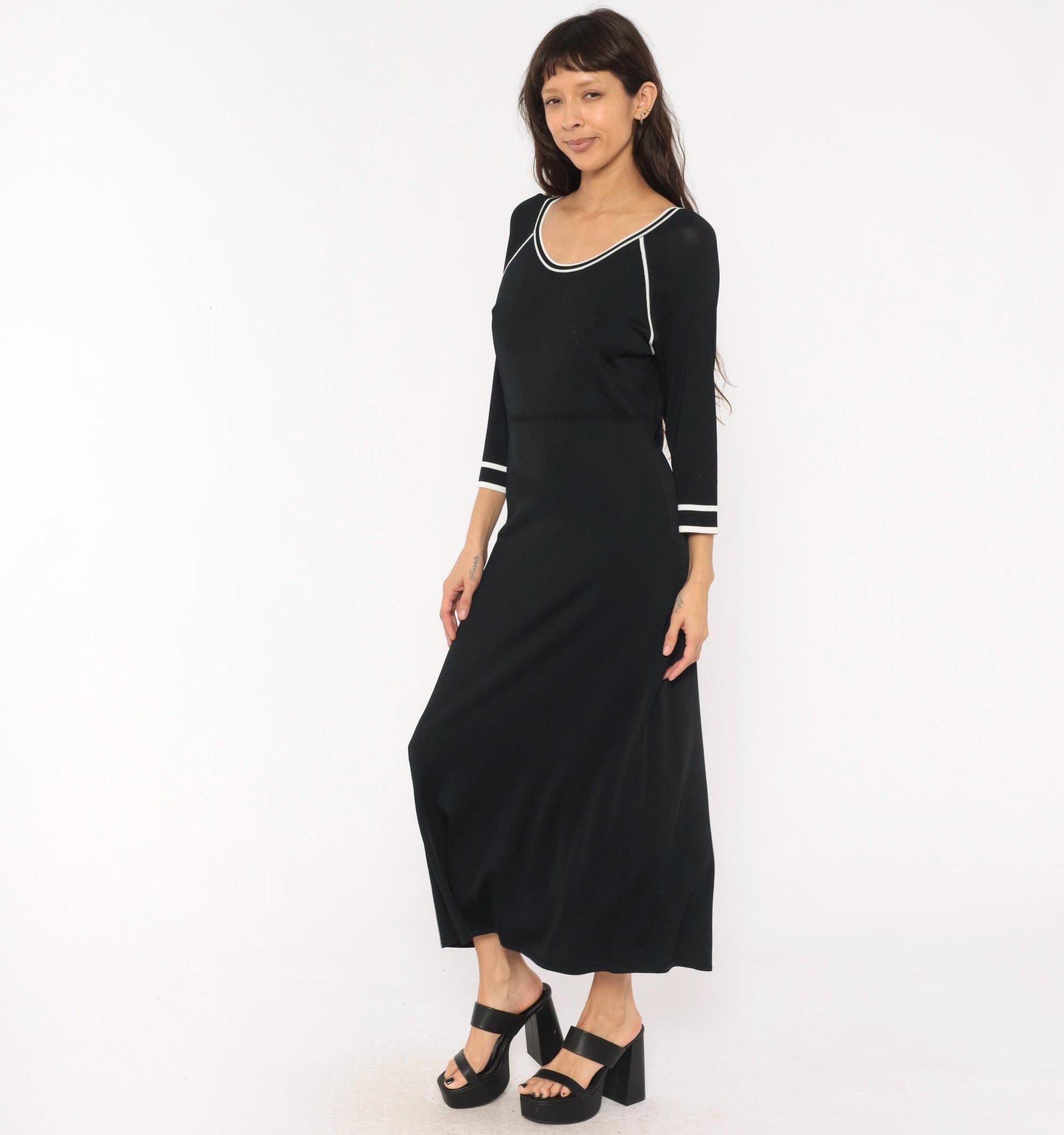90s Norm Thompson Black Knit Maxi Dress Scoop Neck White Piping Small
