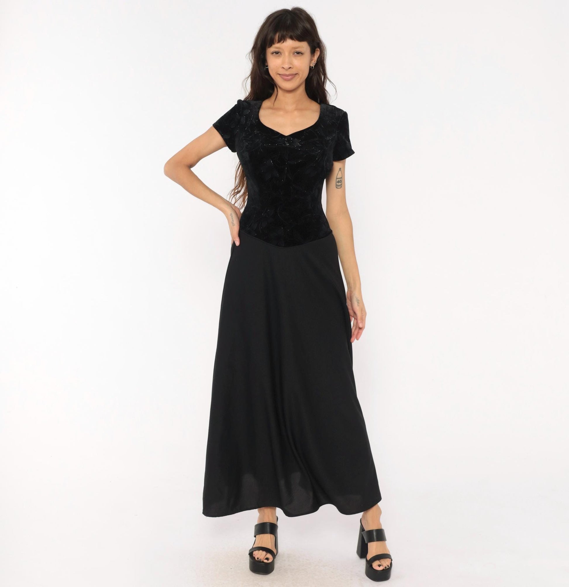 90s Southeastern Velvet Burnout Maxi Dress Black Floral V-Neck Extra Small
