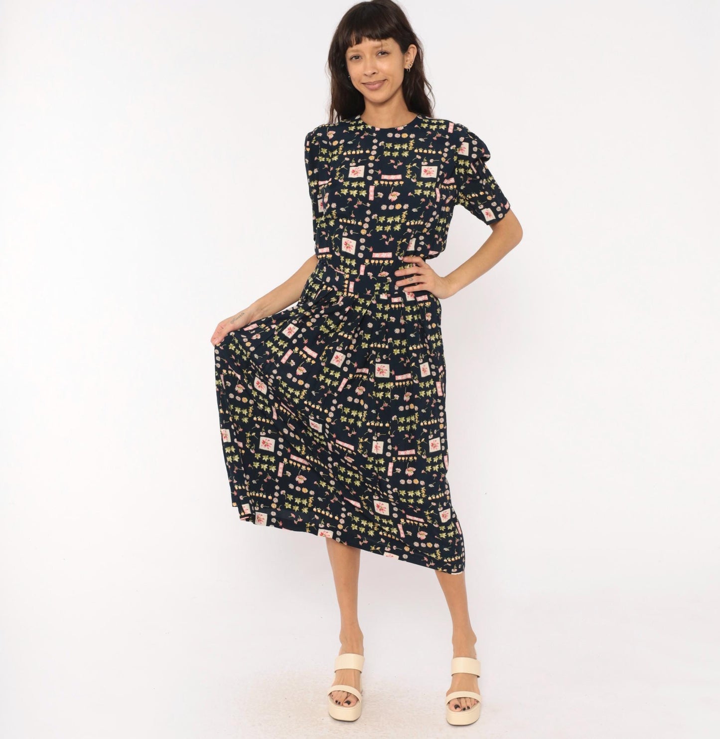 90s Karin Stevens Botanical Midi Dress Navy Floral Puff Sleeve Medium M