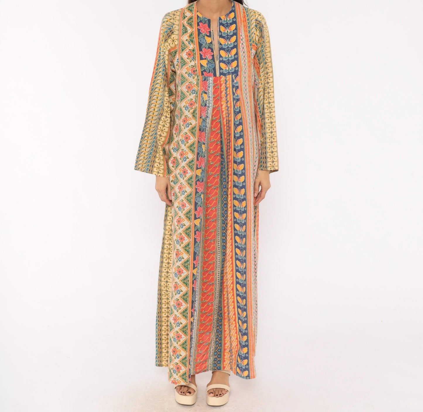 70s Frances Decourcy Batik Caftan Cotton Maxi Dress Floral Butterfly Print Multicolor Medium