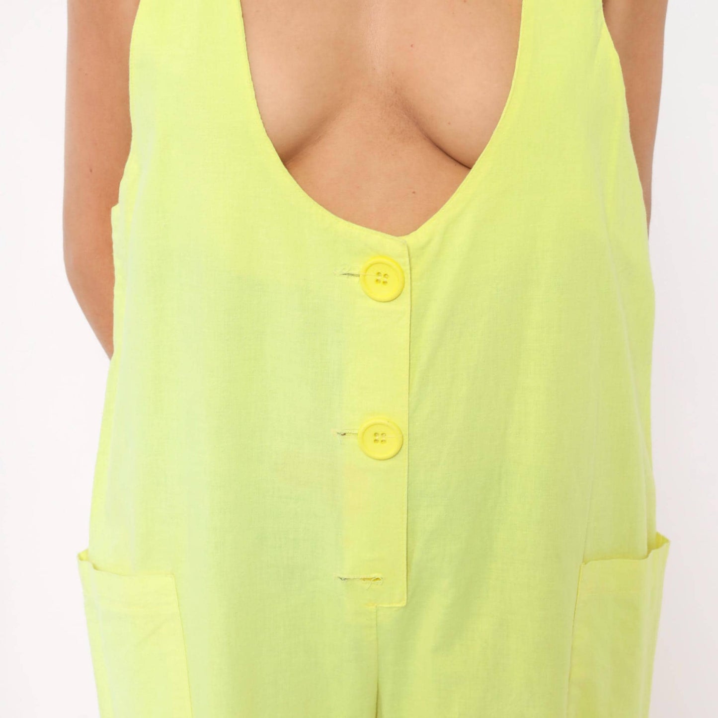 90s Ginger Neon Yellow Cotton Jumpsuit Deep V Neck Ankle Length Medium M