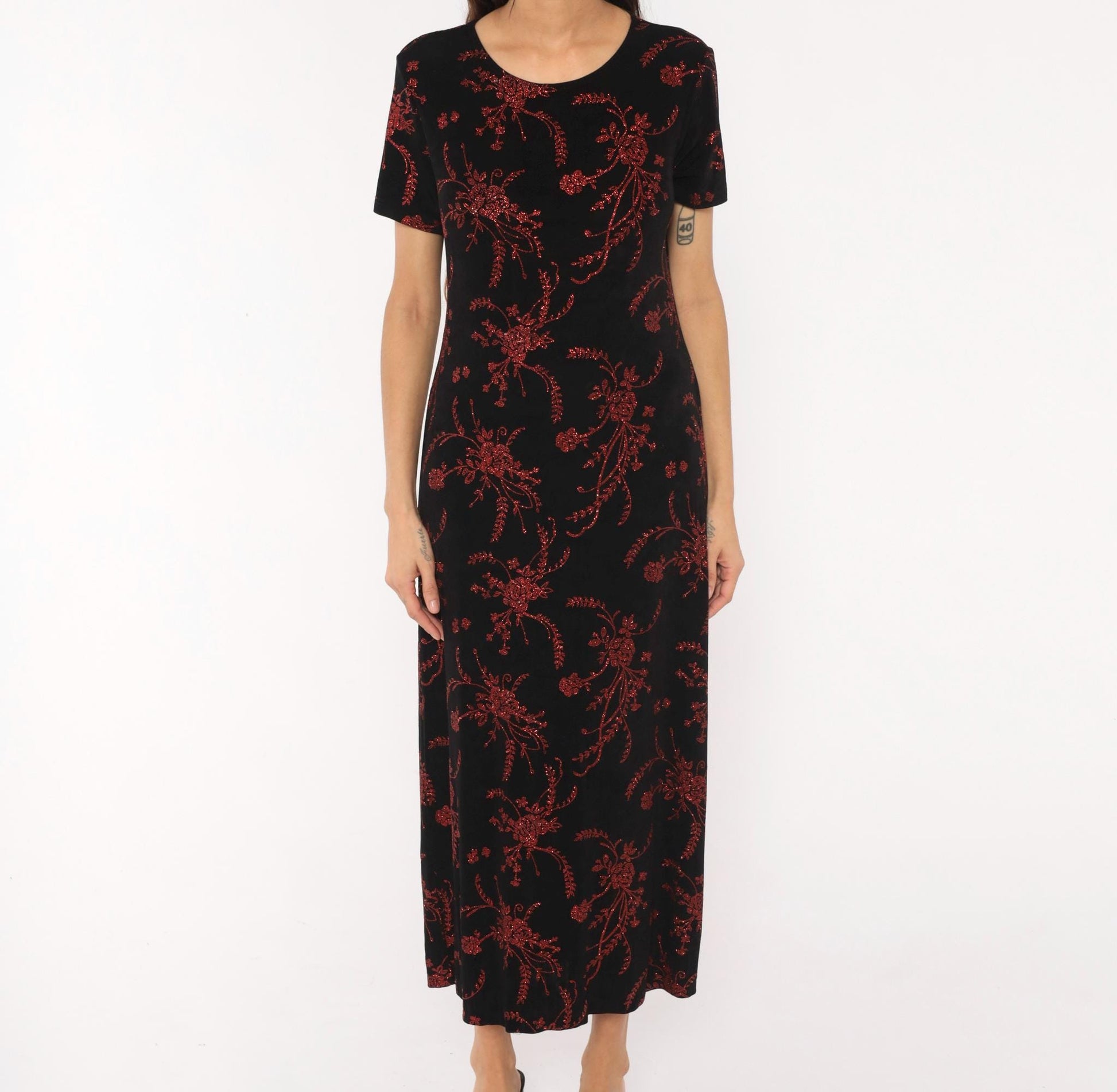 90s Black Maxi Dress Red Glitter Floral Print Short Sleeve Scoop Neck Medium Large