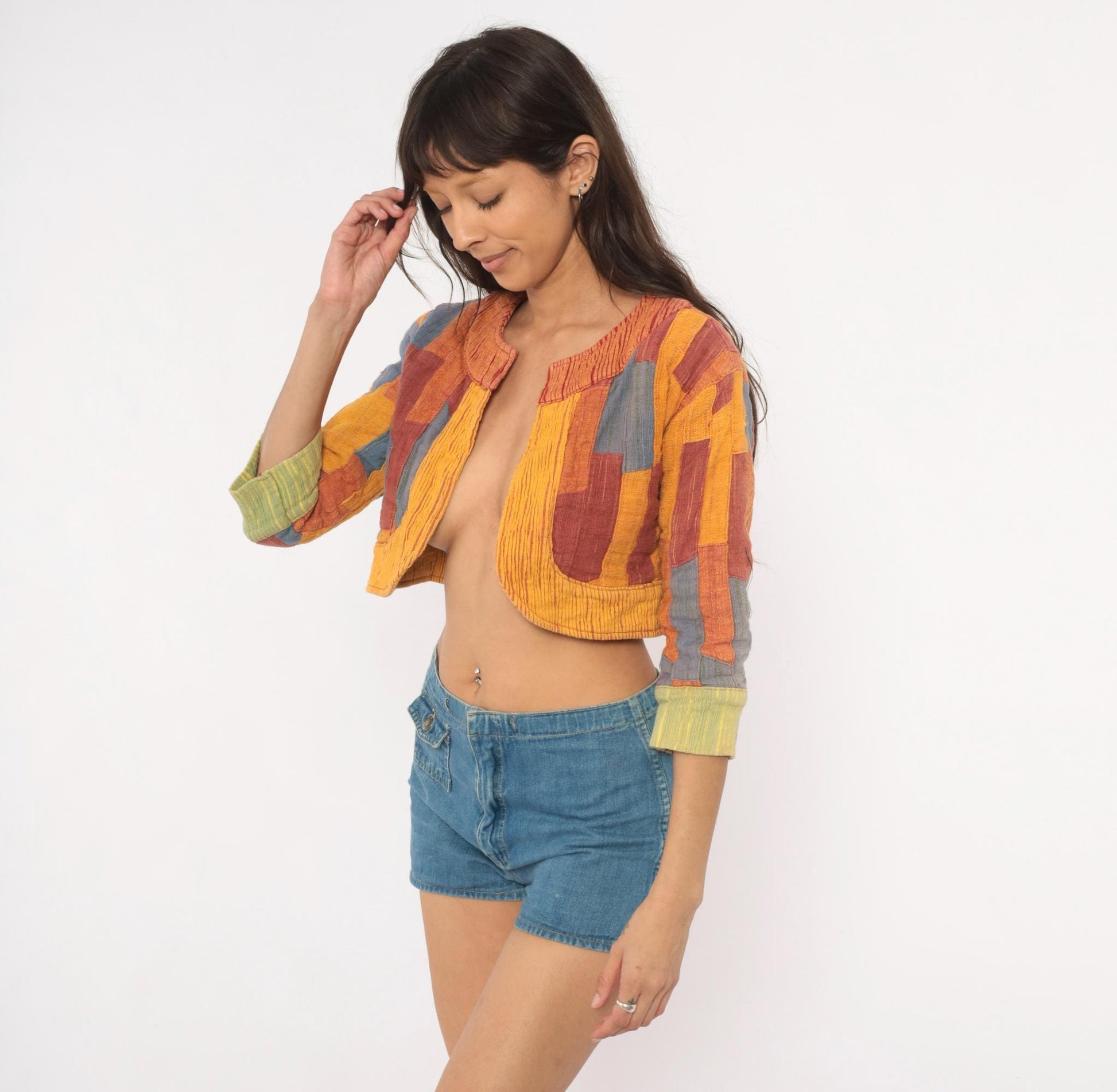 2000s Patchwork Cropped Bolero Jacket Mustard Burgundy Blue Cotton Small