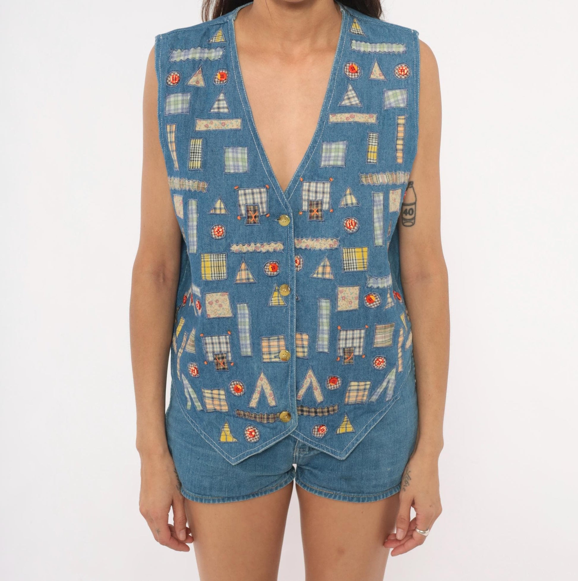 90s New Identity Patchwork Denim Vest Applique Plaid Floral Blue Extra Large XL