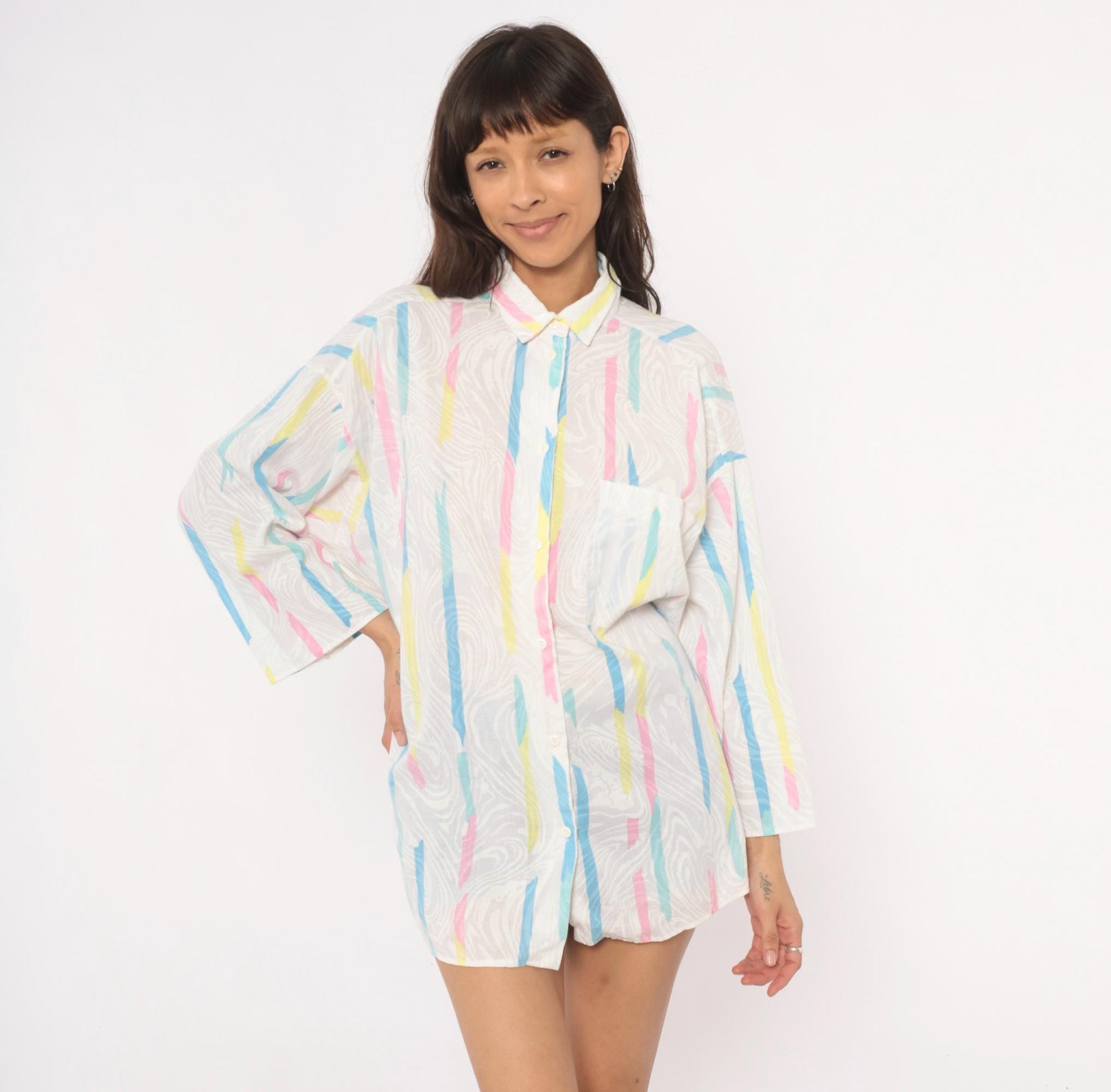 90s Ardmore Abstract Brushstroke Button Blouse Pink Blue Yellow Large L