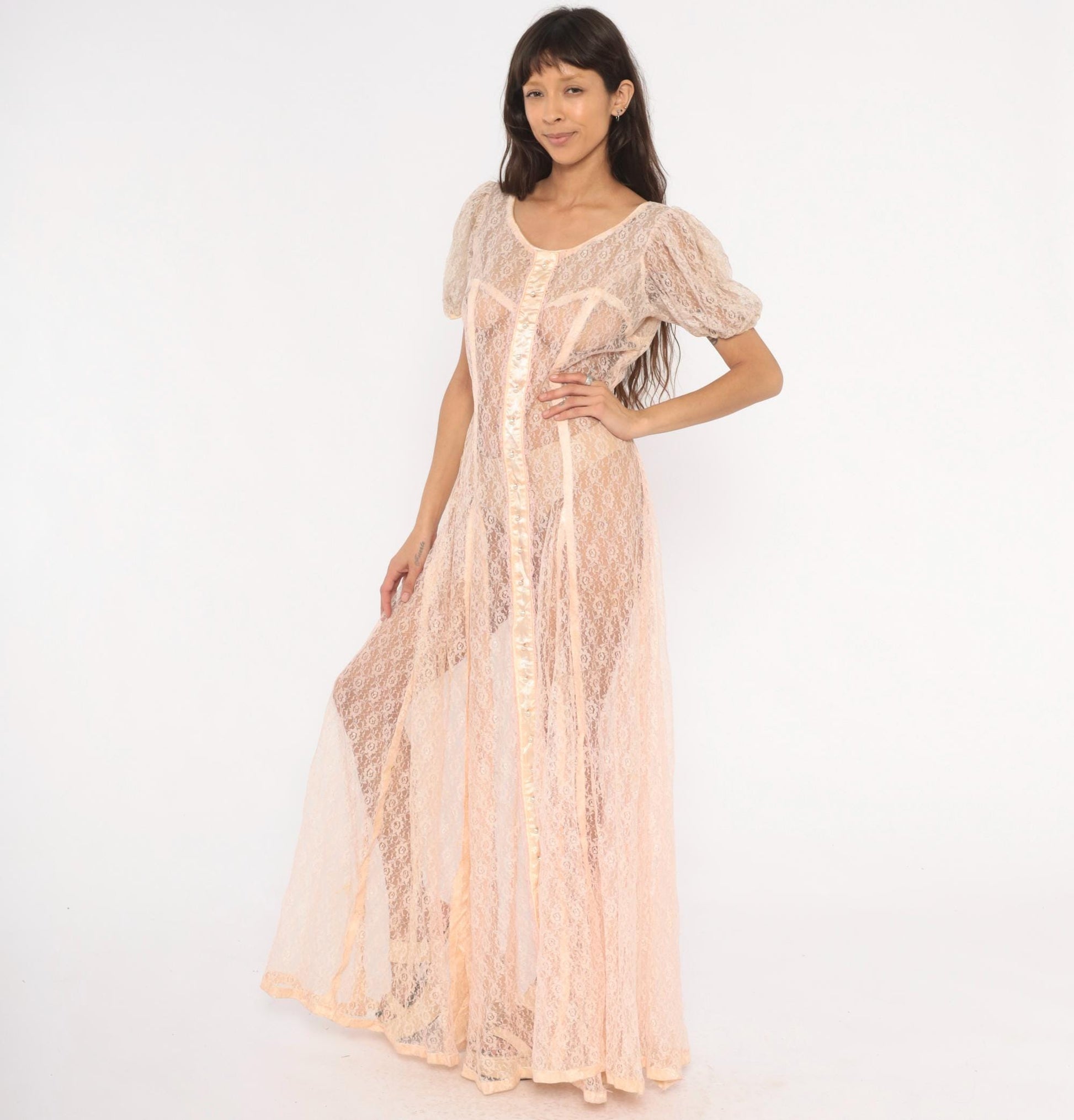 1950s Blush Pink Sheer Lace Maxi Gown Puff Sleeve Corset Bodice Large L