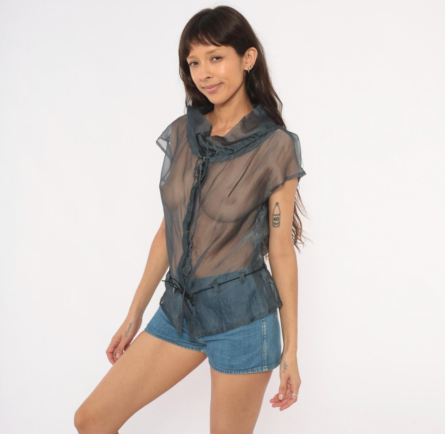 Y2K Fussel Grey Organza Blouse Cap Sleeve Ruffle Collar Sheer Top Medium M